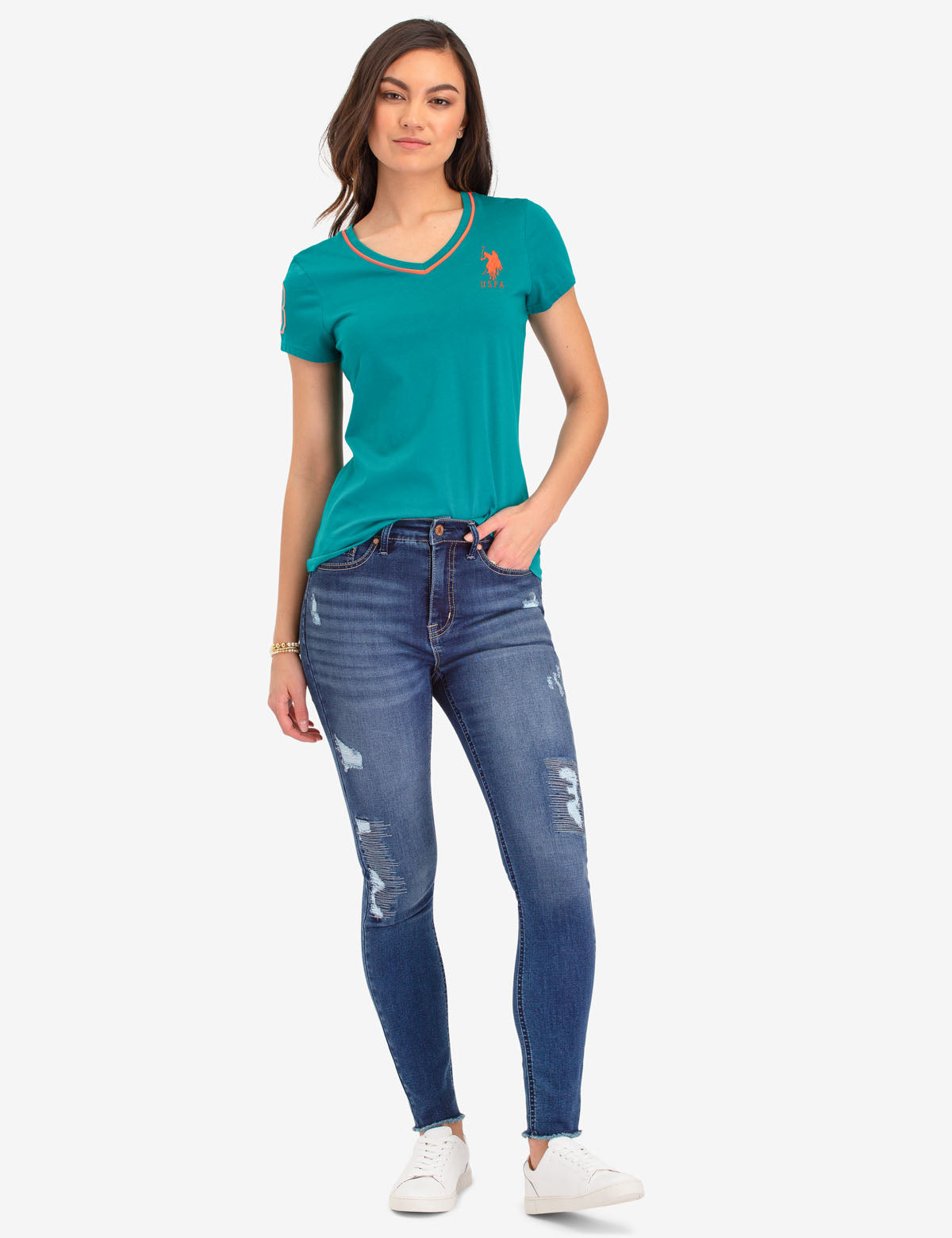 Neon V-Neck T-Shirt with Embroidered Logo & Sleeve Detail