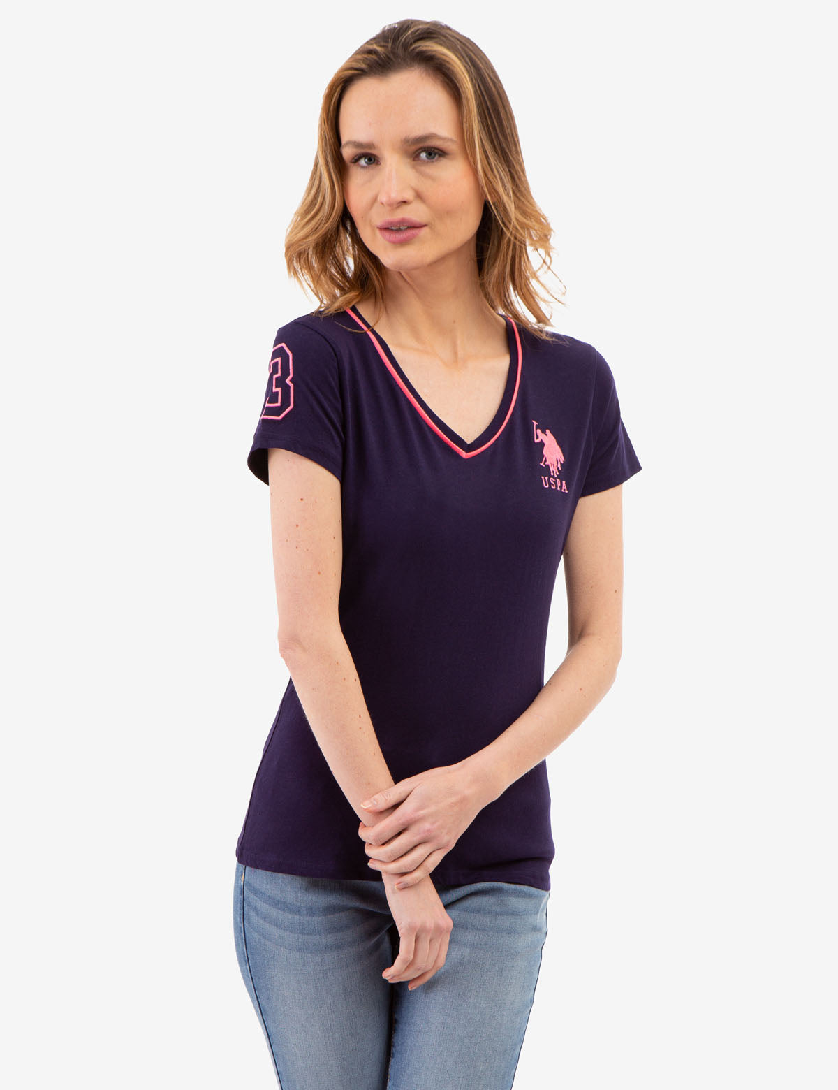 Neon V-Neck T-Shirt with Embroidered Logo & Sleeve Detail
