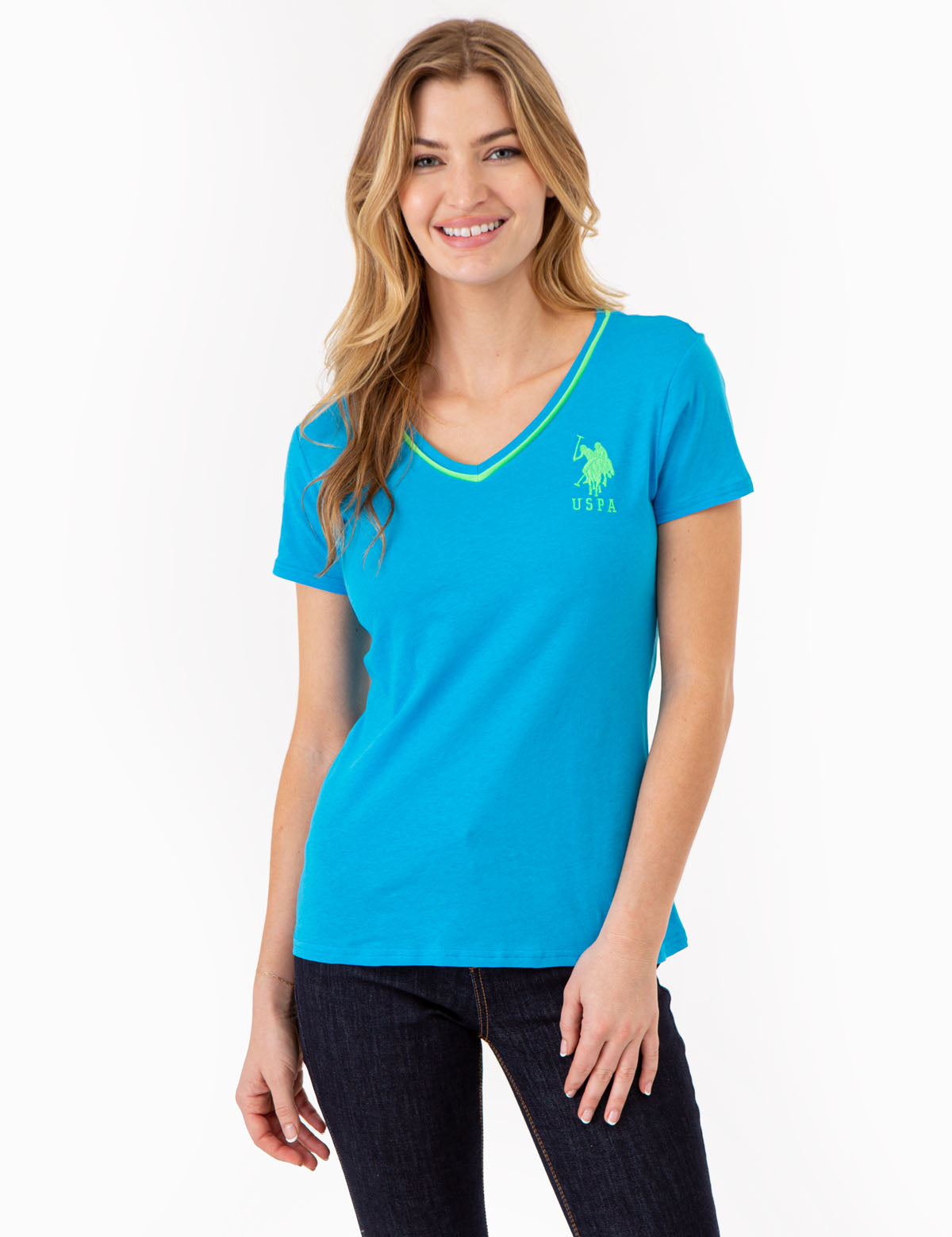 Neon V-Neck T-Shirt with Embroidered Logo & Sleeve Detail