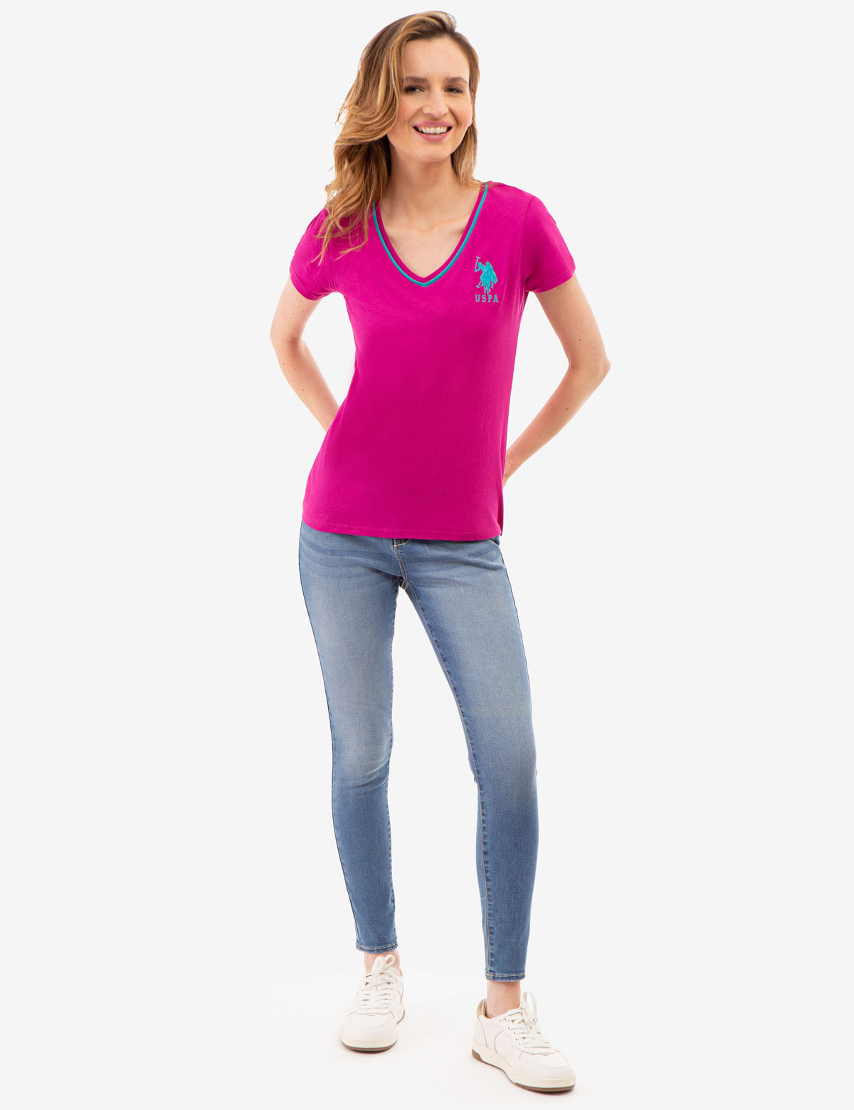 Neon V-Neck T-Shirt with Embroidered Logo & Sleeve Detail