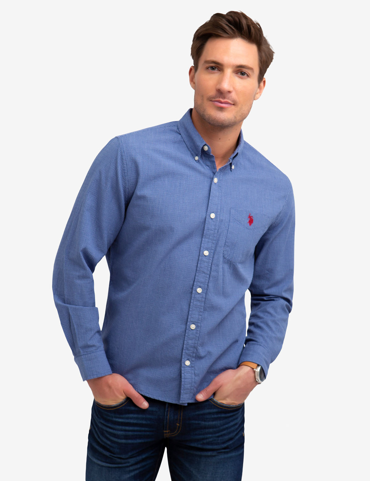 No-Tuck Dobby Textured Cotton Shirt | Reinforced Collar & Contoured Hem