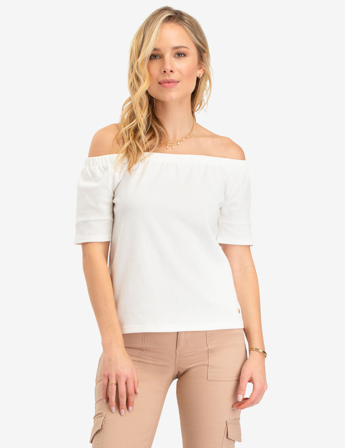 Off Shoulder Top with Tassel Neckline & Smocked Hem | Cotton