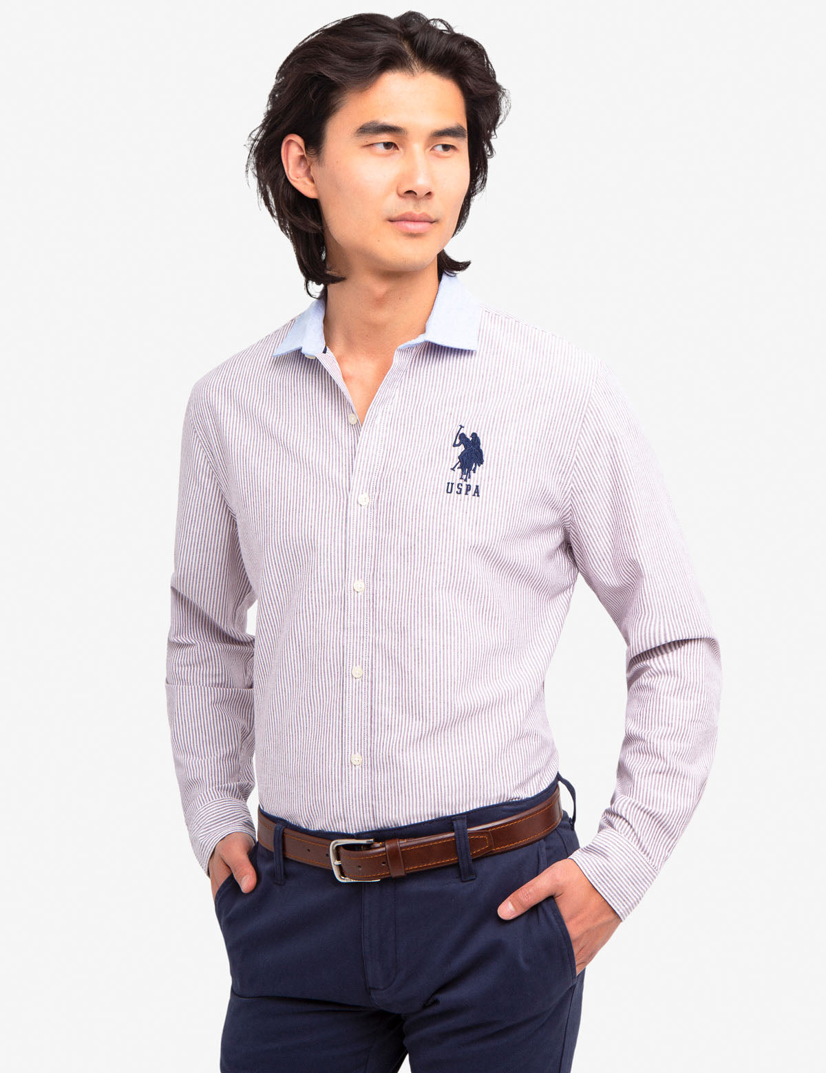 Oxford Shirt with Contrast Collar & Vertical Stripes | Long Sleeve Button-Up