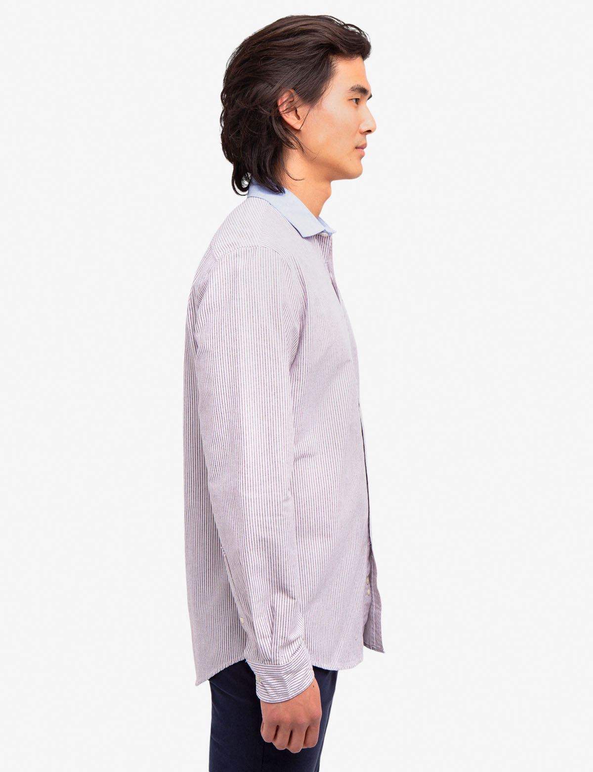 Oxford Shirt with Contrast Collar & Vertical Stripes | Long Sleeve Button-Up
