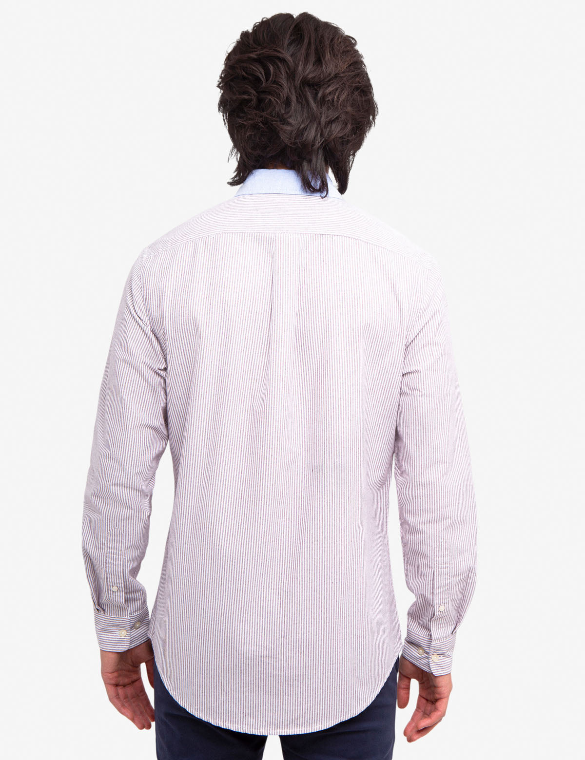 Oxford Shirt with Contrast Collar & Vertical Stripes | Long Sleeve Button-Up
