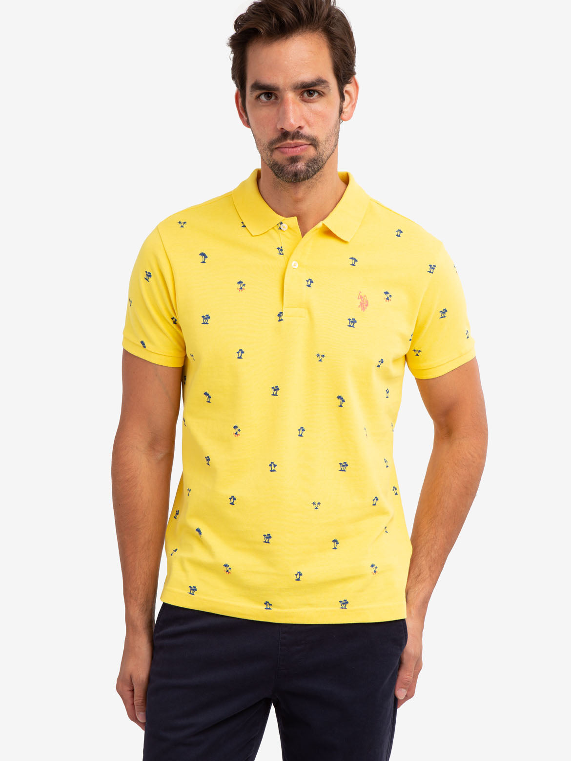 Palm Print Pique Polo Shirt with Short Sleeves & Rib Knit Cuffs