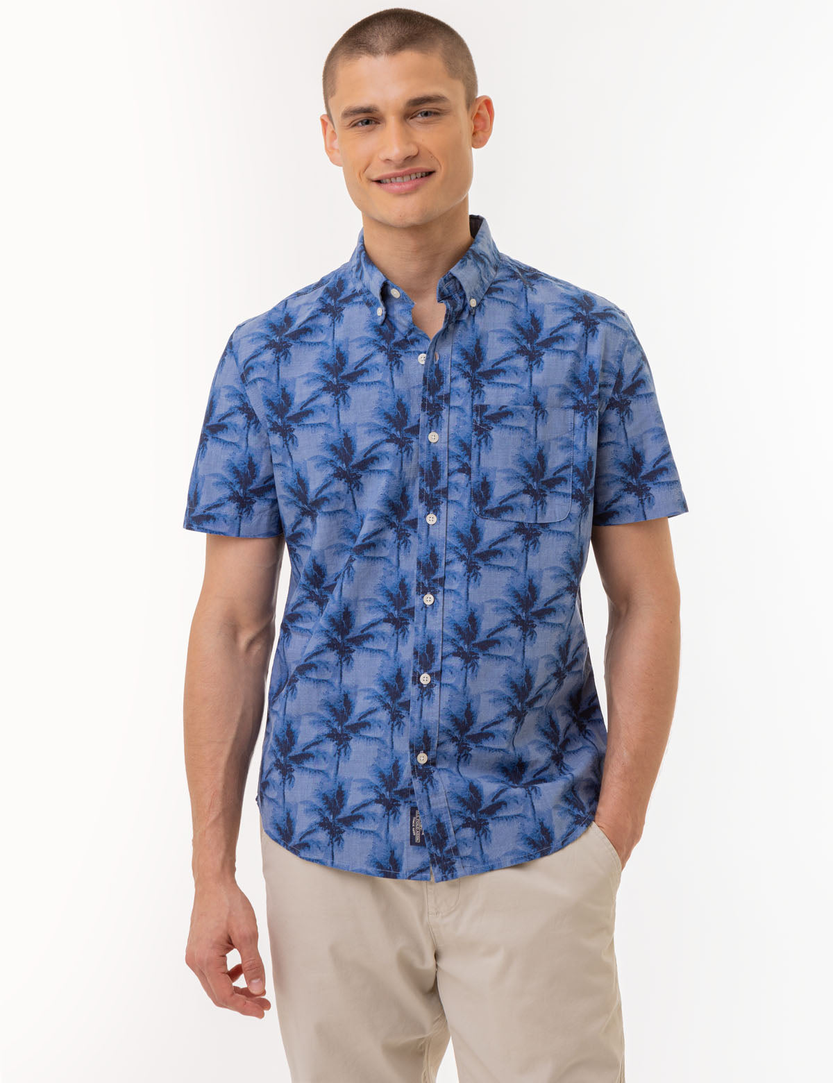 Palm Tree Print Chambray Shirt for Men | 100% Cotton Woven