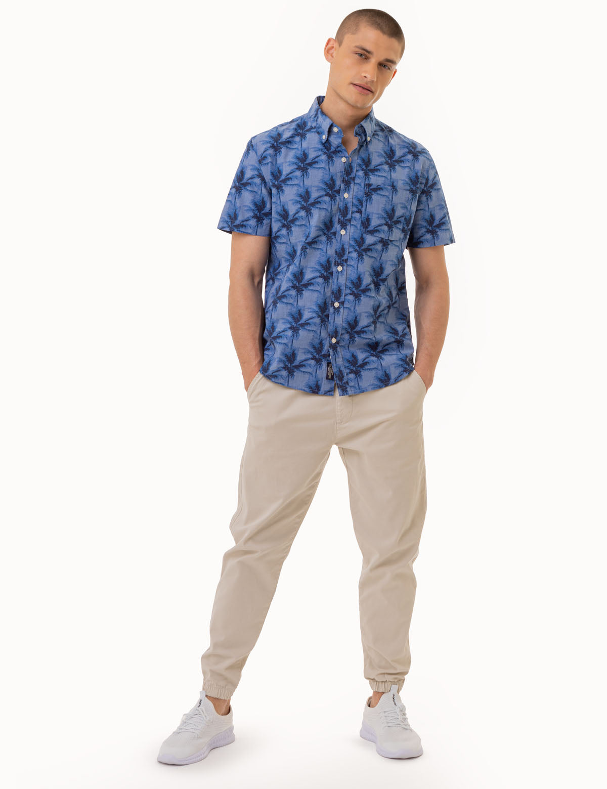 Palm Tree Print Chambray Shirt for Men | 100% Cotton Woven
