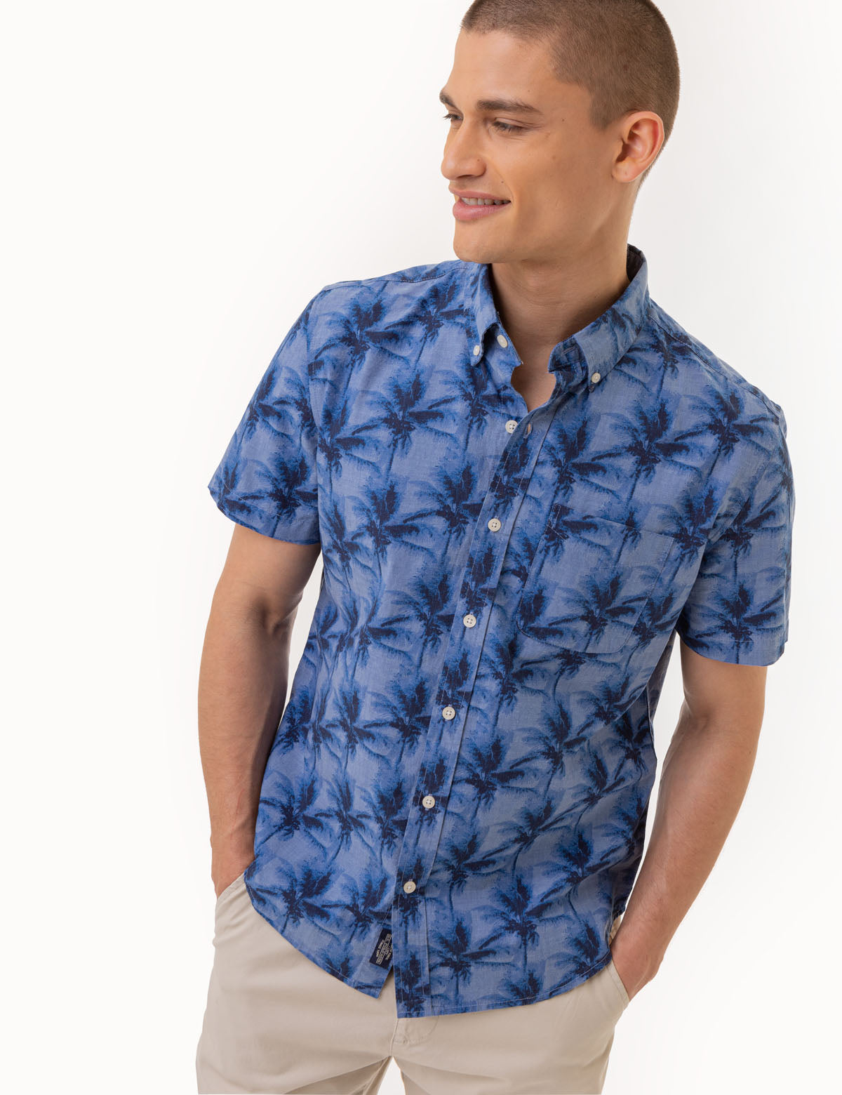 Palm Tree Print Chambray Shirt for Men | 100% Cotton Woven