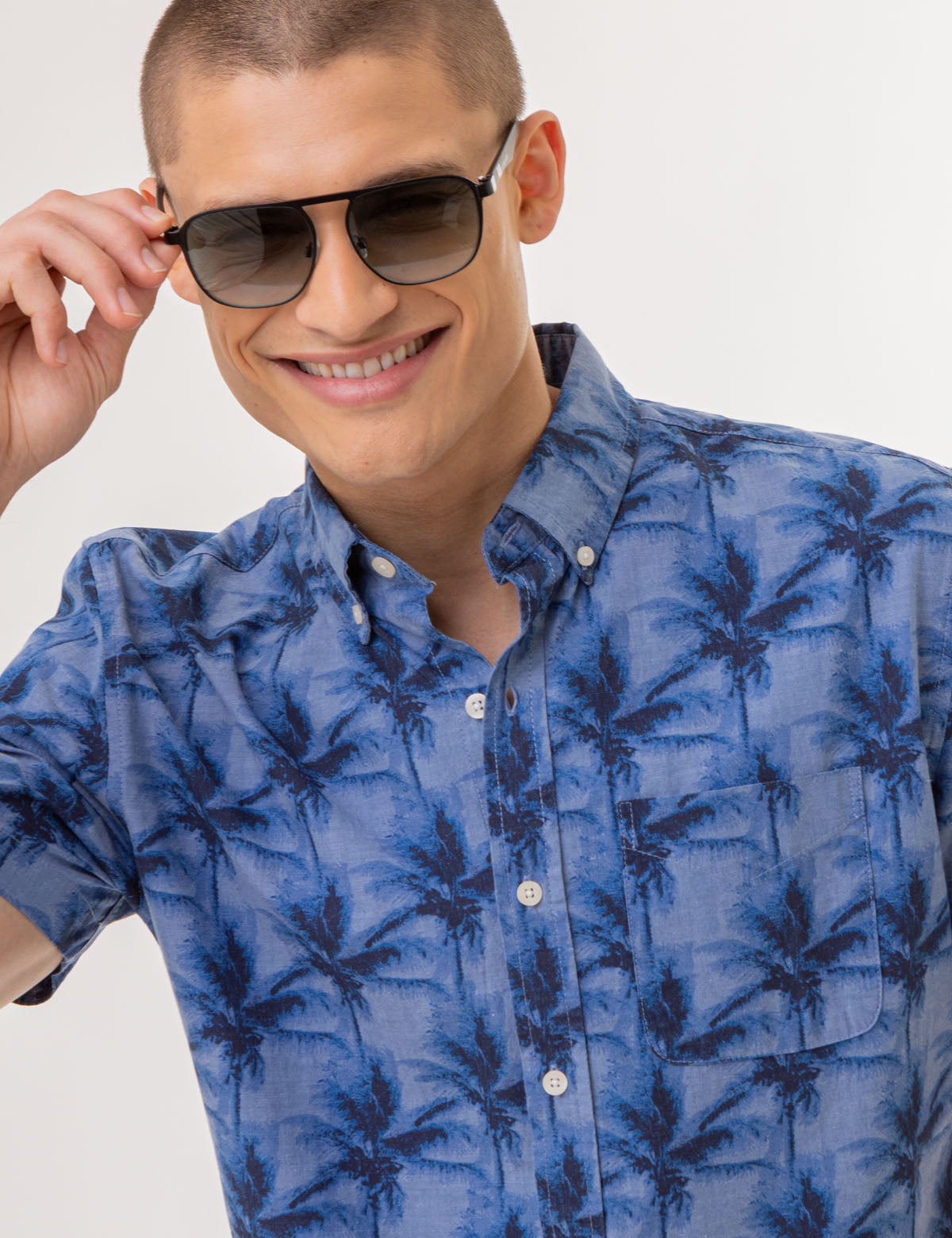 Palm Tree Print Chambray Shirt for Men | 100% Cotton Woven