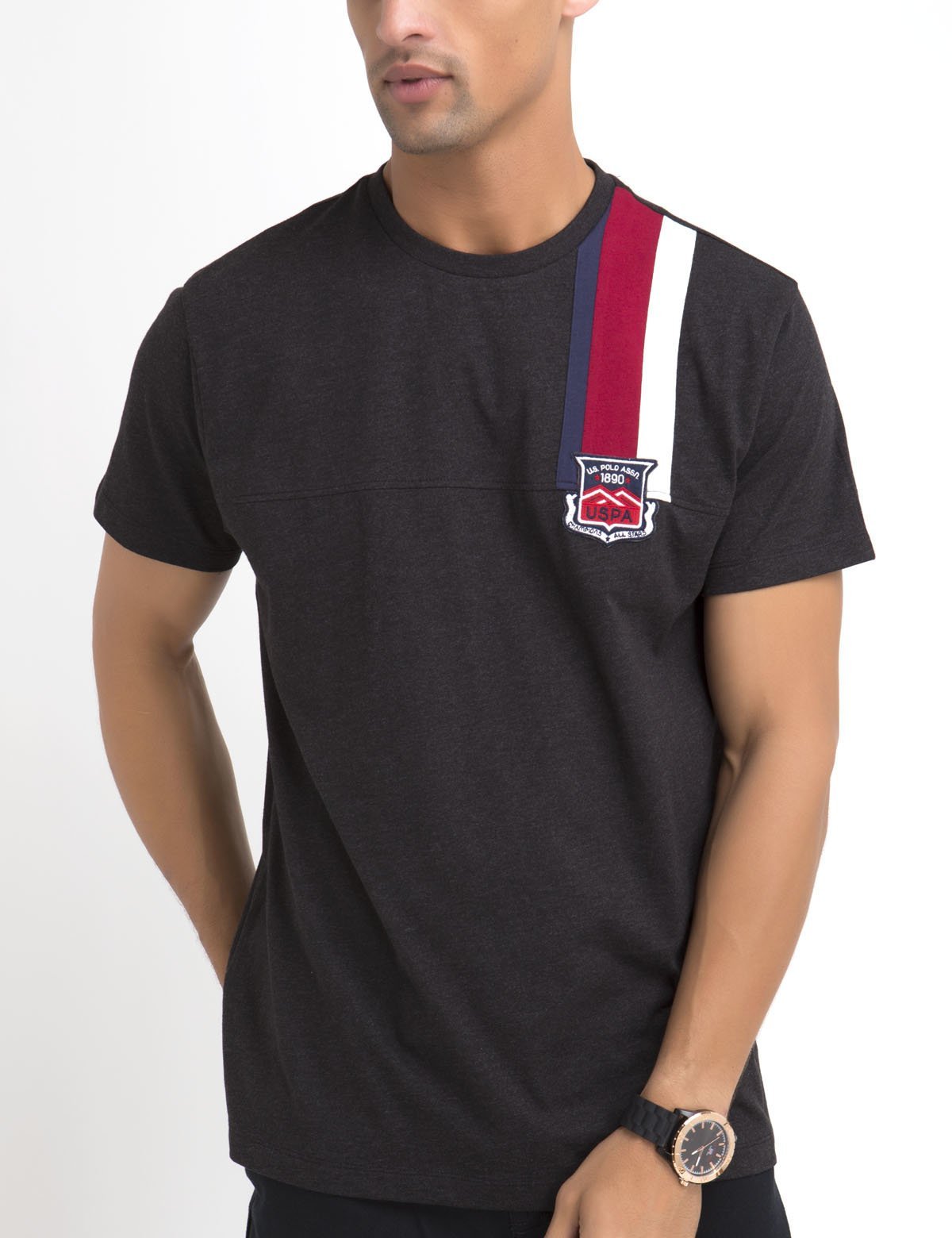Classic Crew Neck T-Shirt with Embroidered Patch & Stripe Design