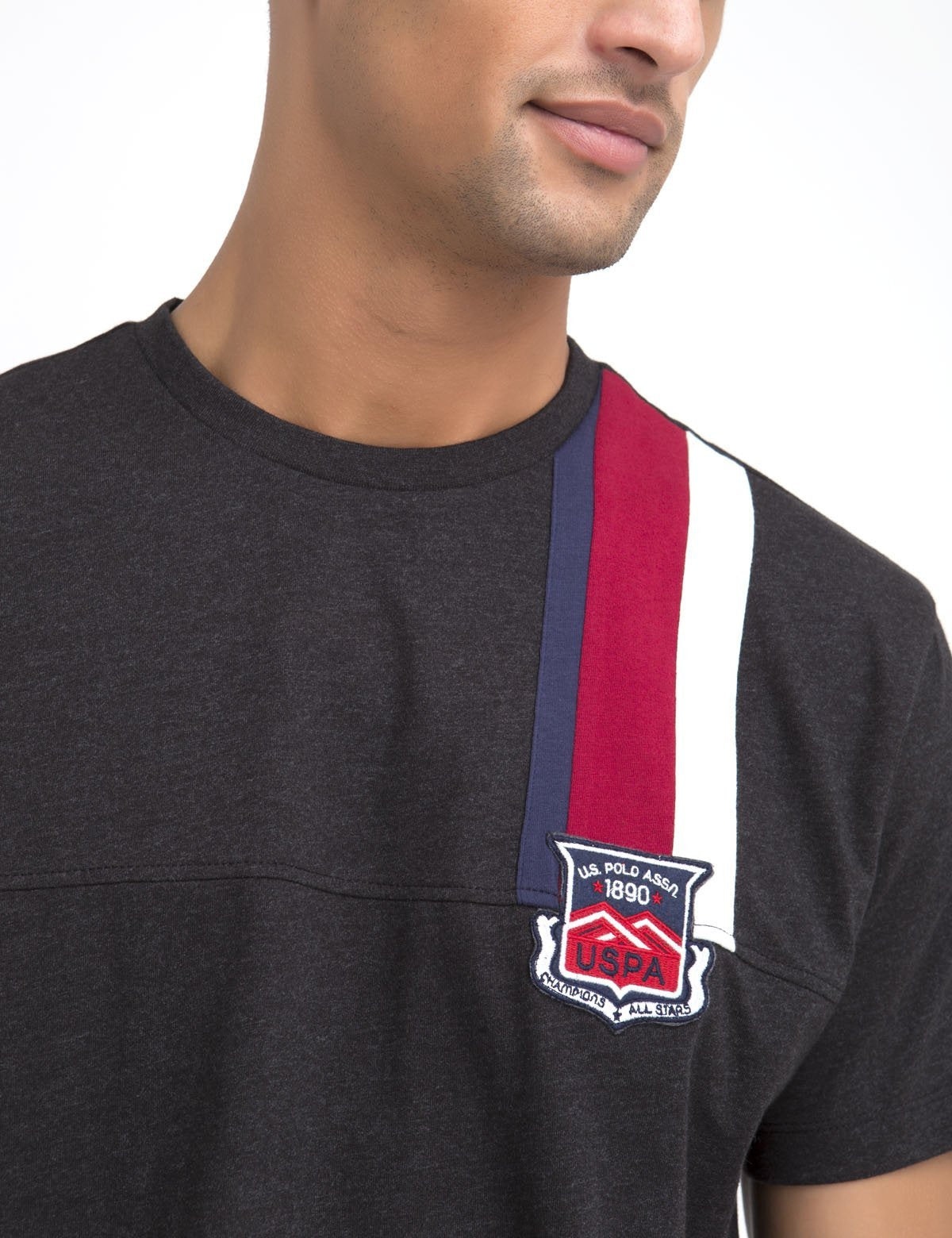 Classic Crew Neck T-Shirt with Embroidered Patch & Stripe Design