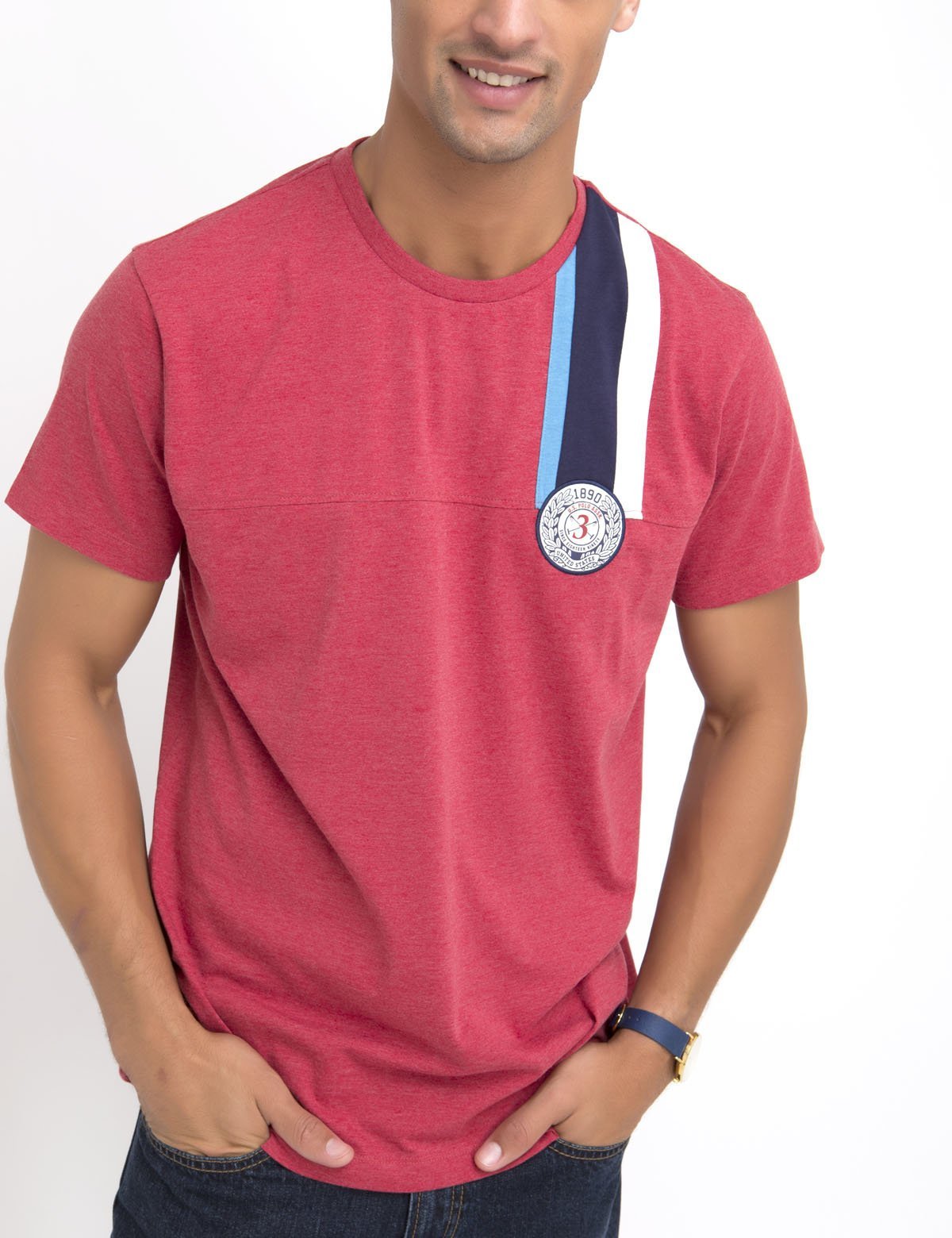Classic Crew Neck T-Shirt with Embroidered Patch & Stripe Design
