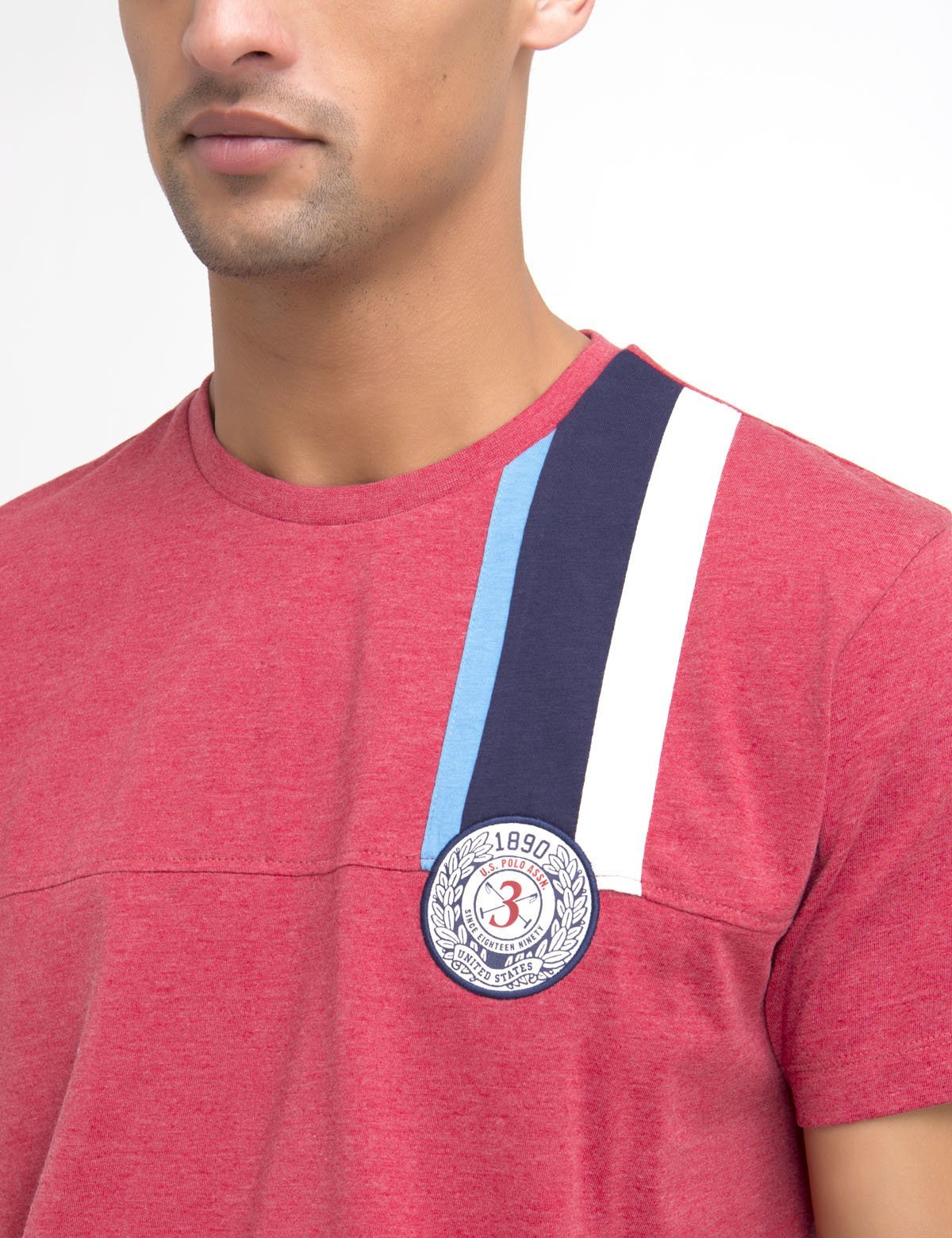 Classic Crew Neck T-Shirt with Embroidered Patch & Stripe Design