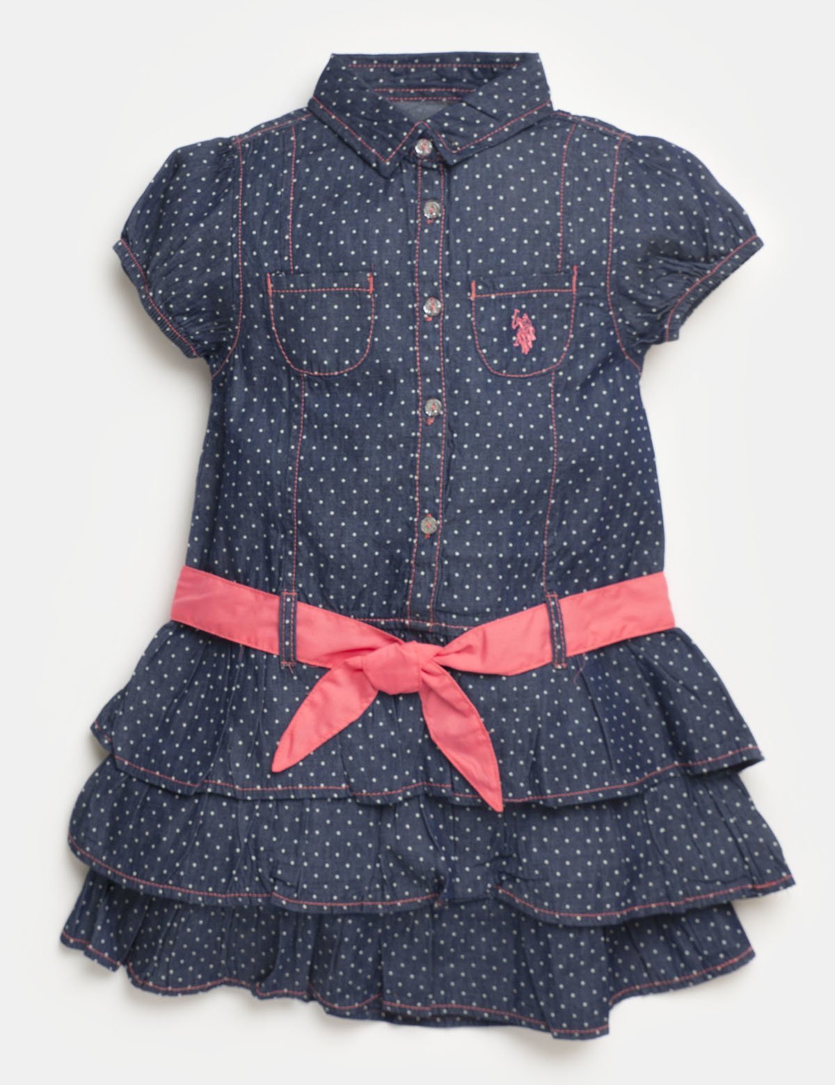 Polka Dot Tiered Ruffle Dress with Button Placket & Tie Waist