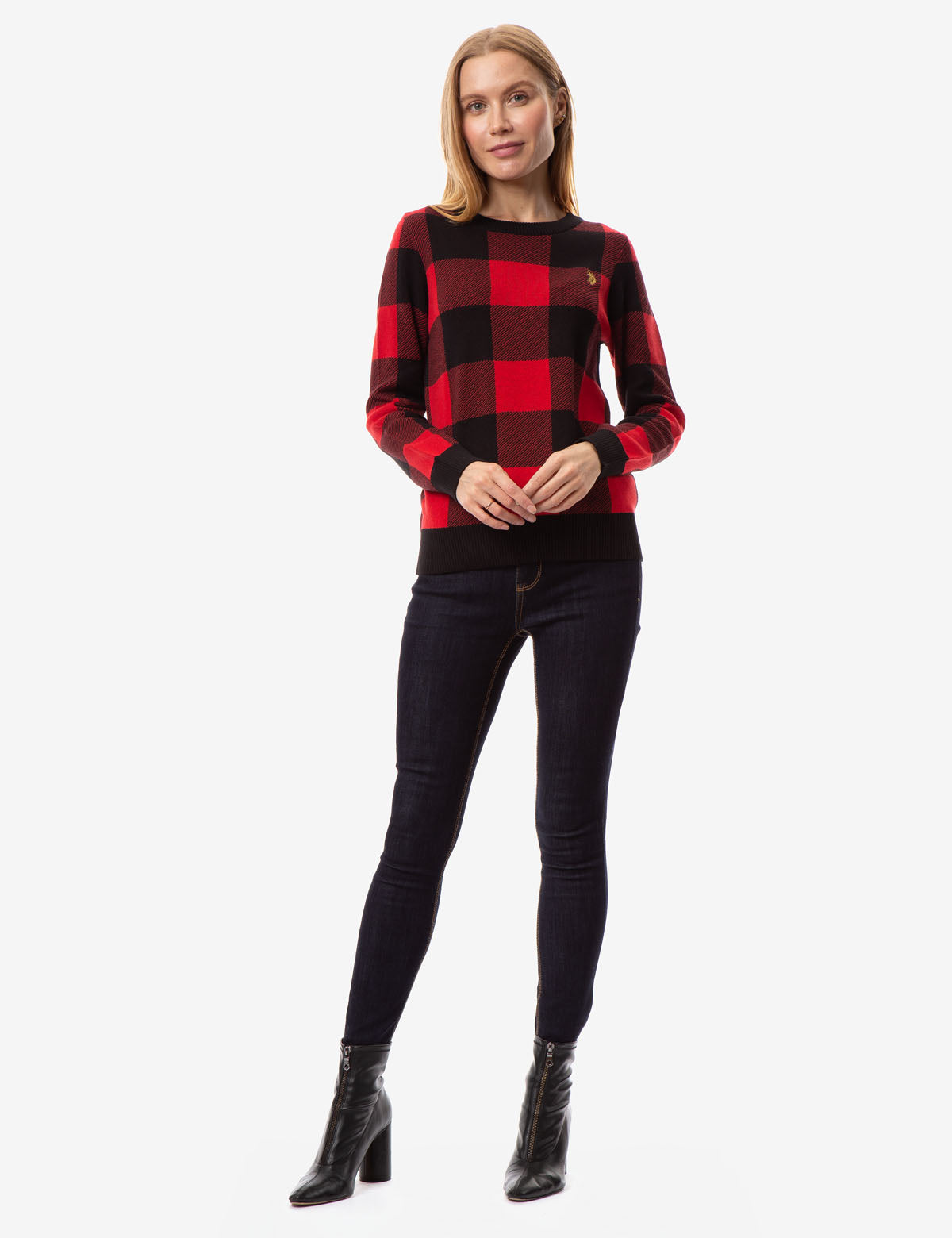 Plaid Crew Neck Sweater with Ribbed Hem & Gold Logo | Casual Winter Wear