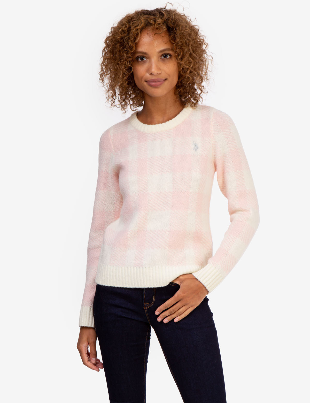 Plaid Crew Neck Sweater with Ribbed Hem & Gold Logo | Casual Winter Wear