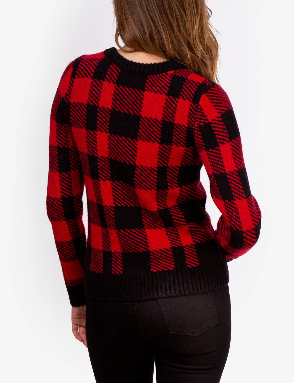 Plaid Crew Neck Sweater with Ribbed Hem & Gold Logo | Casual Winter Wear