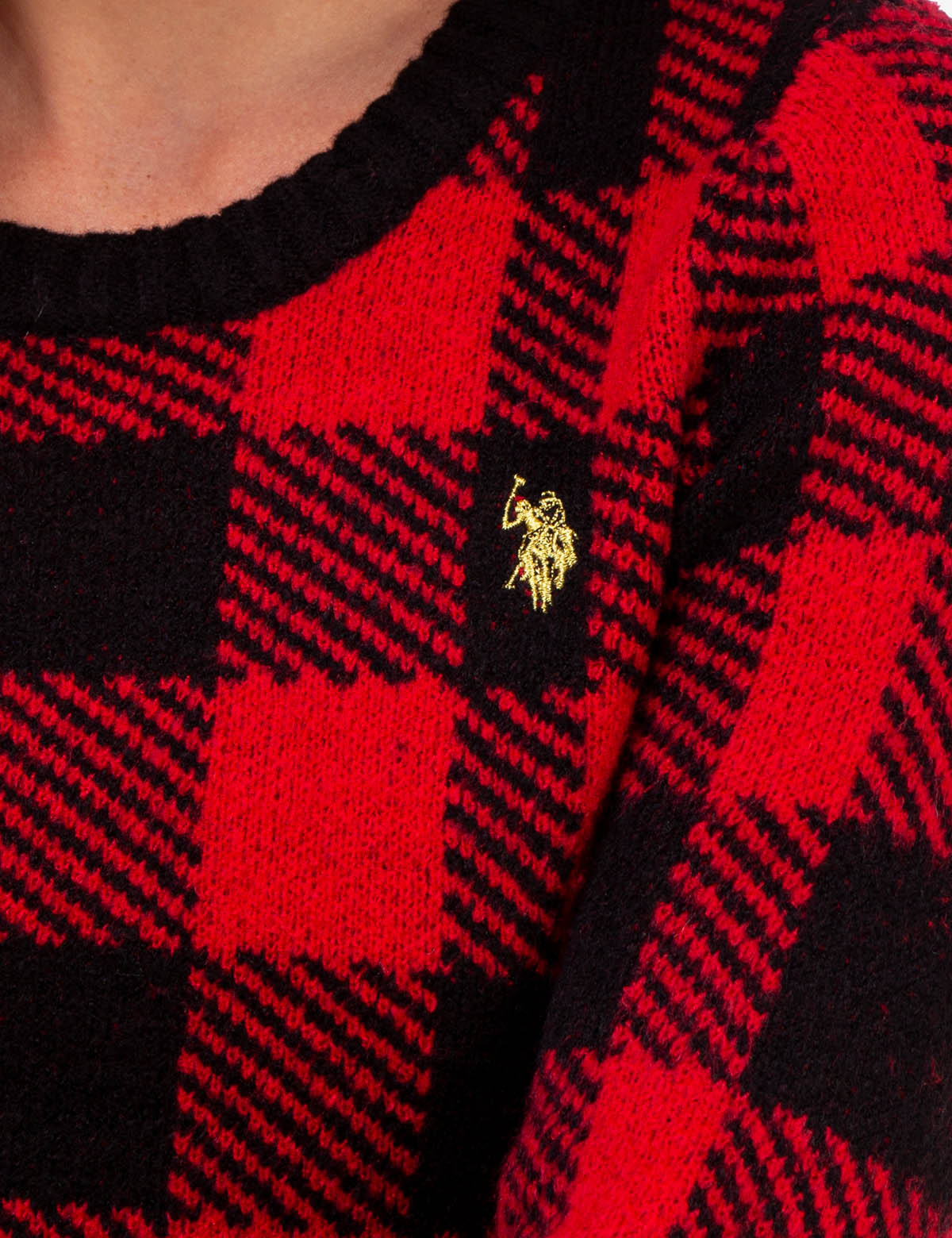 Plaid Crew Neck Sweater with Ribbed Hem & Gold Logo | Casual Winter Wear
