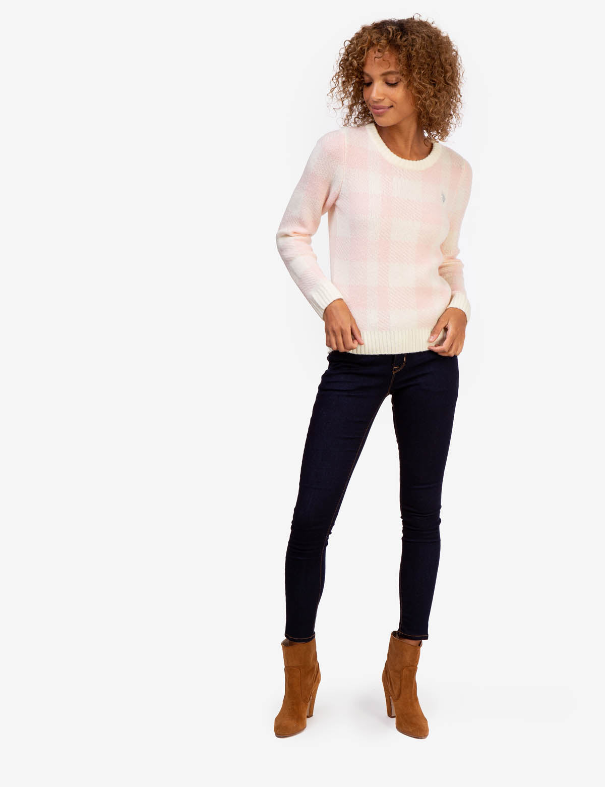 Plaid Crew Neck Sweater with Ribbed Hem & Gold Logo | Casual Winter Wear