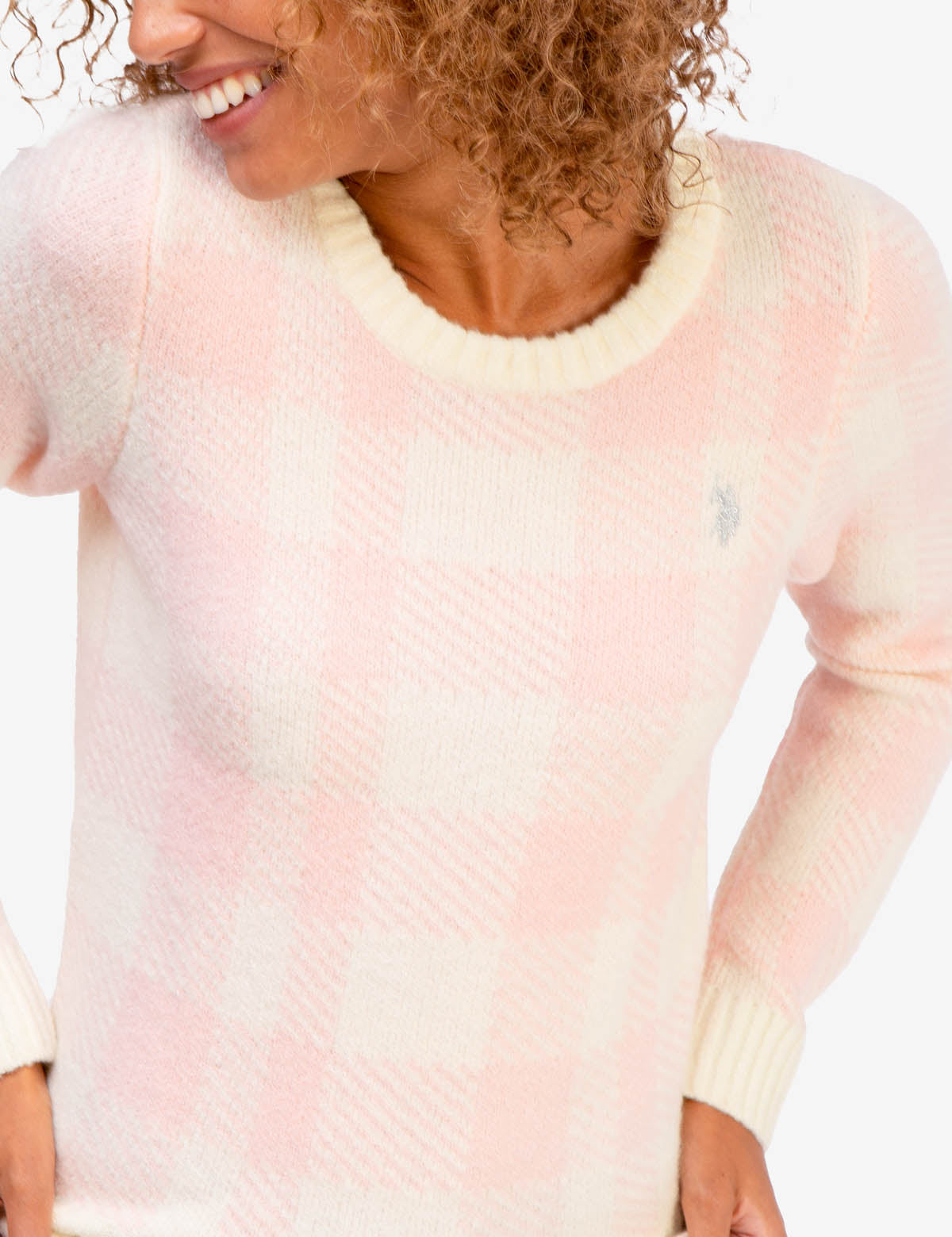 Plaid Crew Neck Sweater with Ribbed Hem & Gold Logo | Casual Winter Wear
