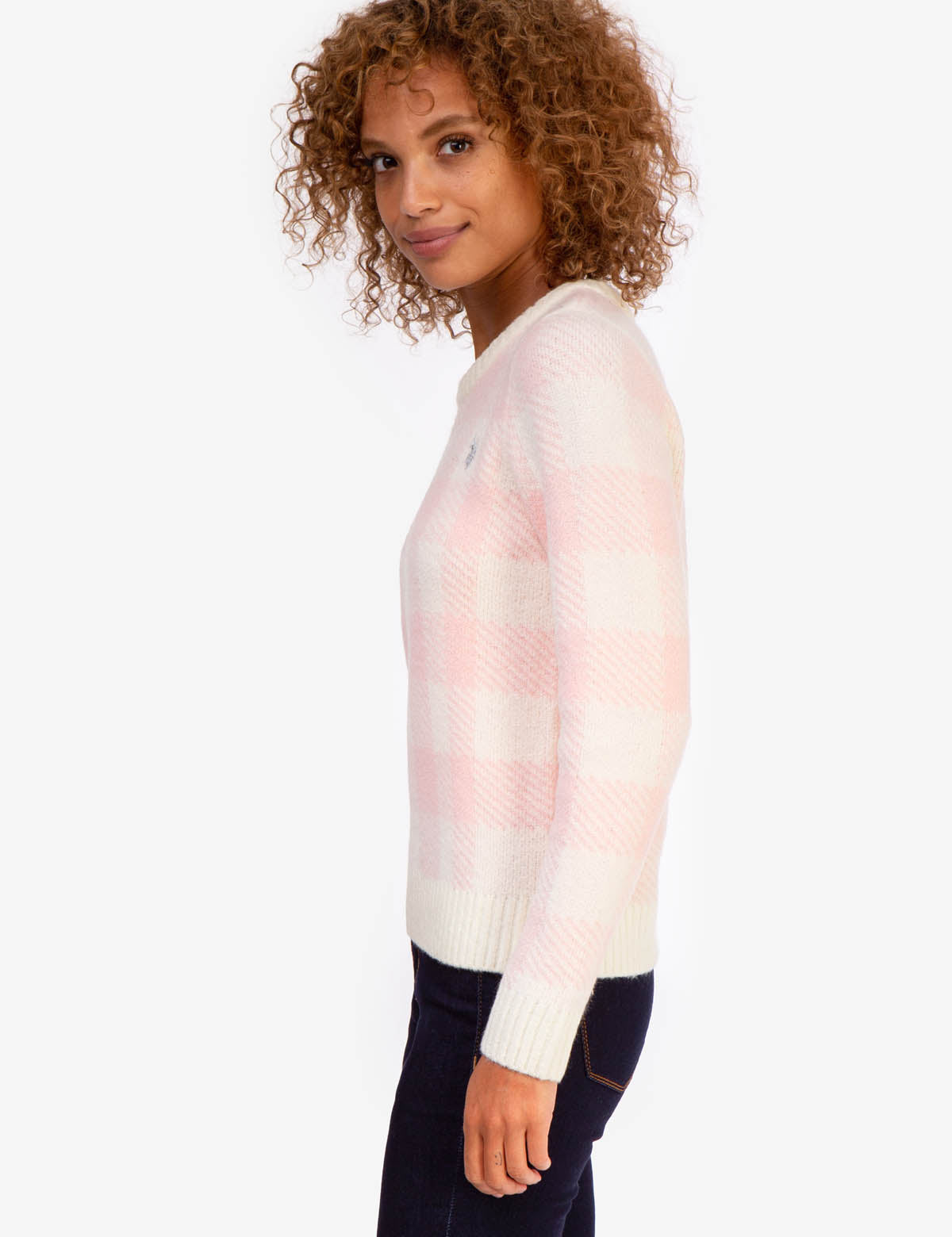 Plaid Crew Neck Sweater with Ribbed Hem & Gold Logo | Casual Winter Wear