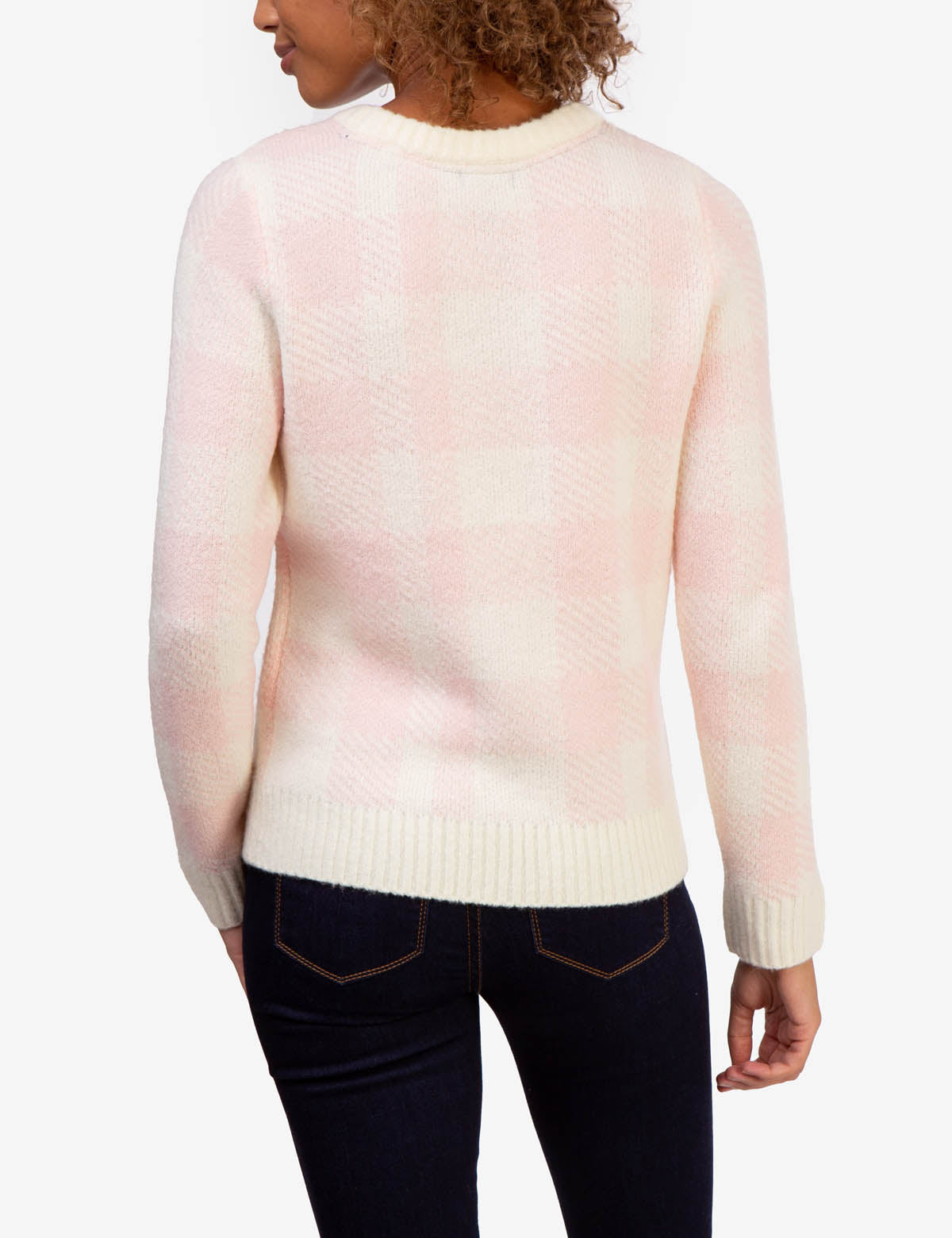 Plaid Crew Neck Sweater with Ribbed Hem & Gold Logo | Casual Winter Wear