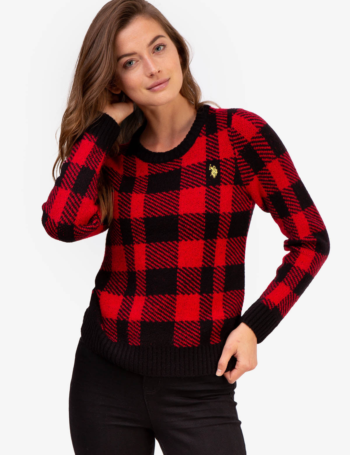 Plaid Crew Neck Sweater with Ribbed Hem & Gold Logo | Casual Winter Wear