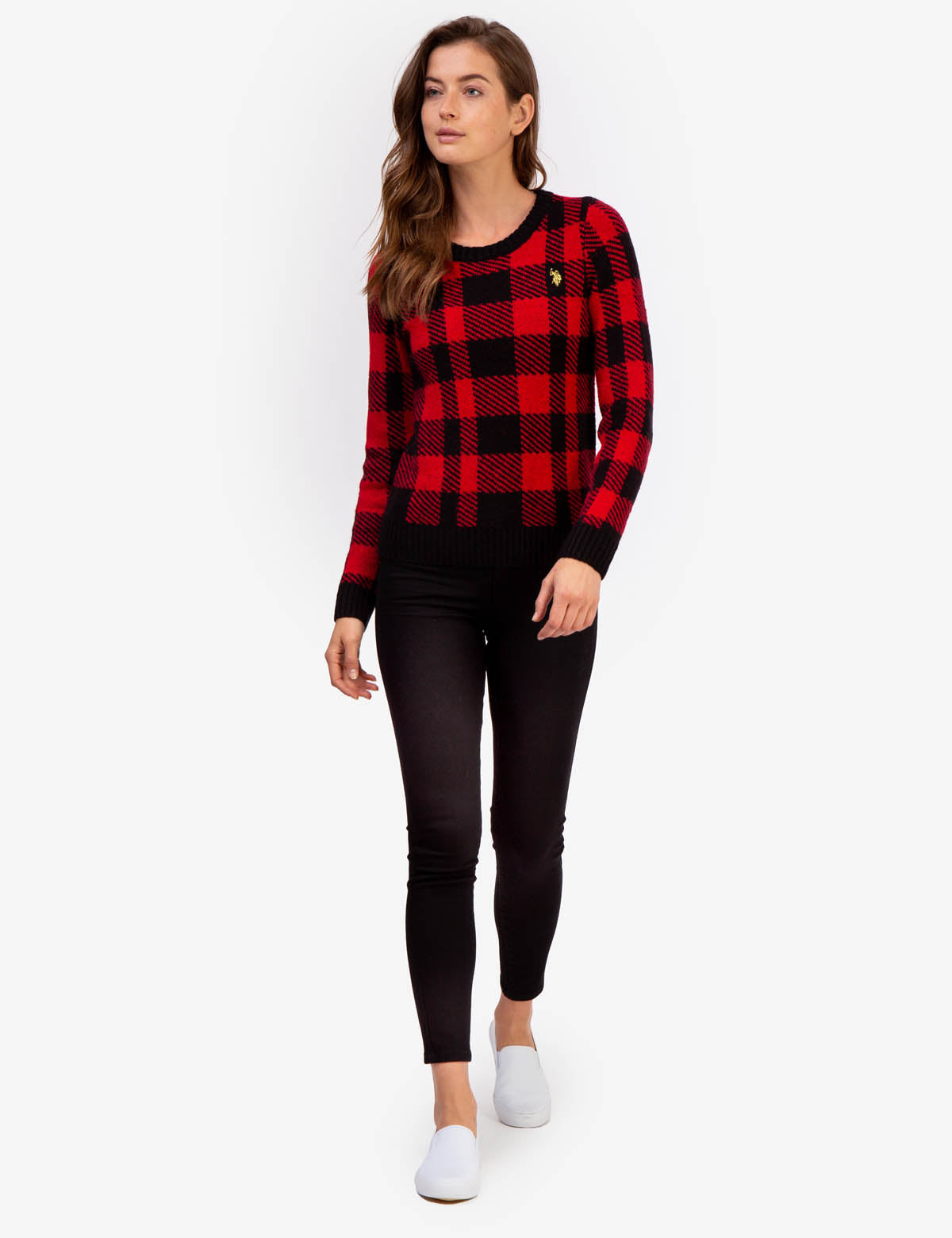 Plaid Crew Neck Sweater with Ribbed Hem & Gold Logo | Casual Winter Wear