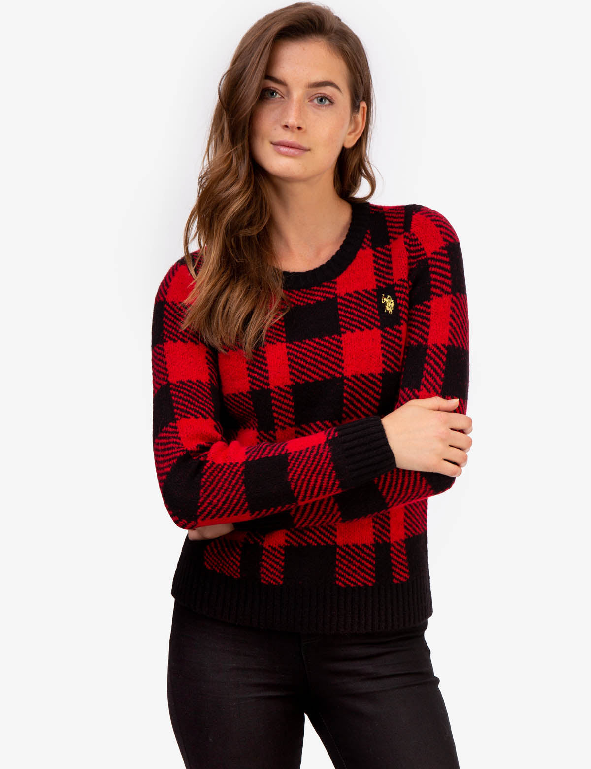 Plaid Crew Neck Sweater with Ribbed Hem & Gold Logo | Casual Winter Wear