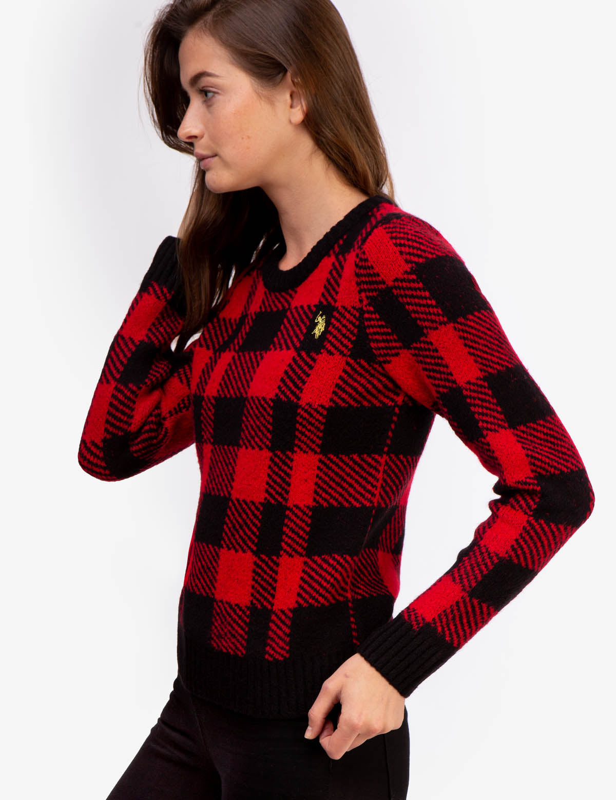 Plaid Crew Neck Sweater with Ribbed Hem & Gold Logo | Casual Winter Wear