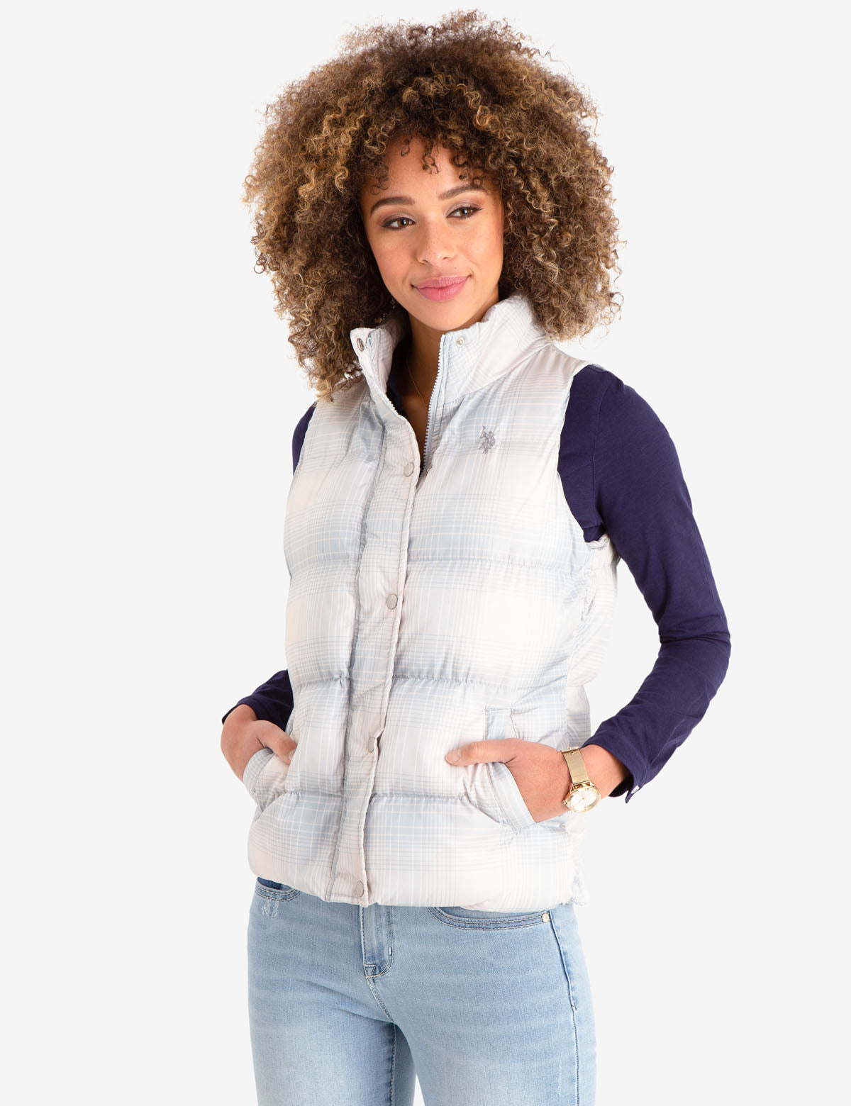 Plaid Puffer Vest with Side Pockets | 100% Polyester