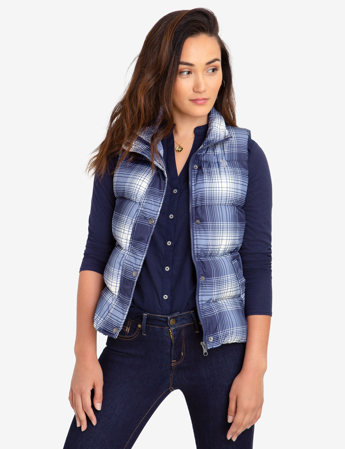 Plaid Puffer Vest with Side Pockets | 100% Polyester
