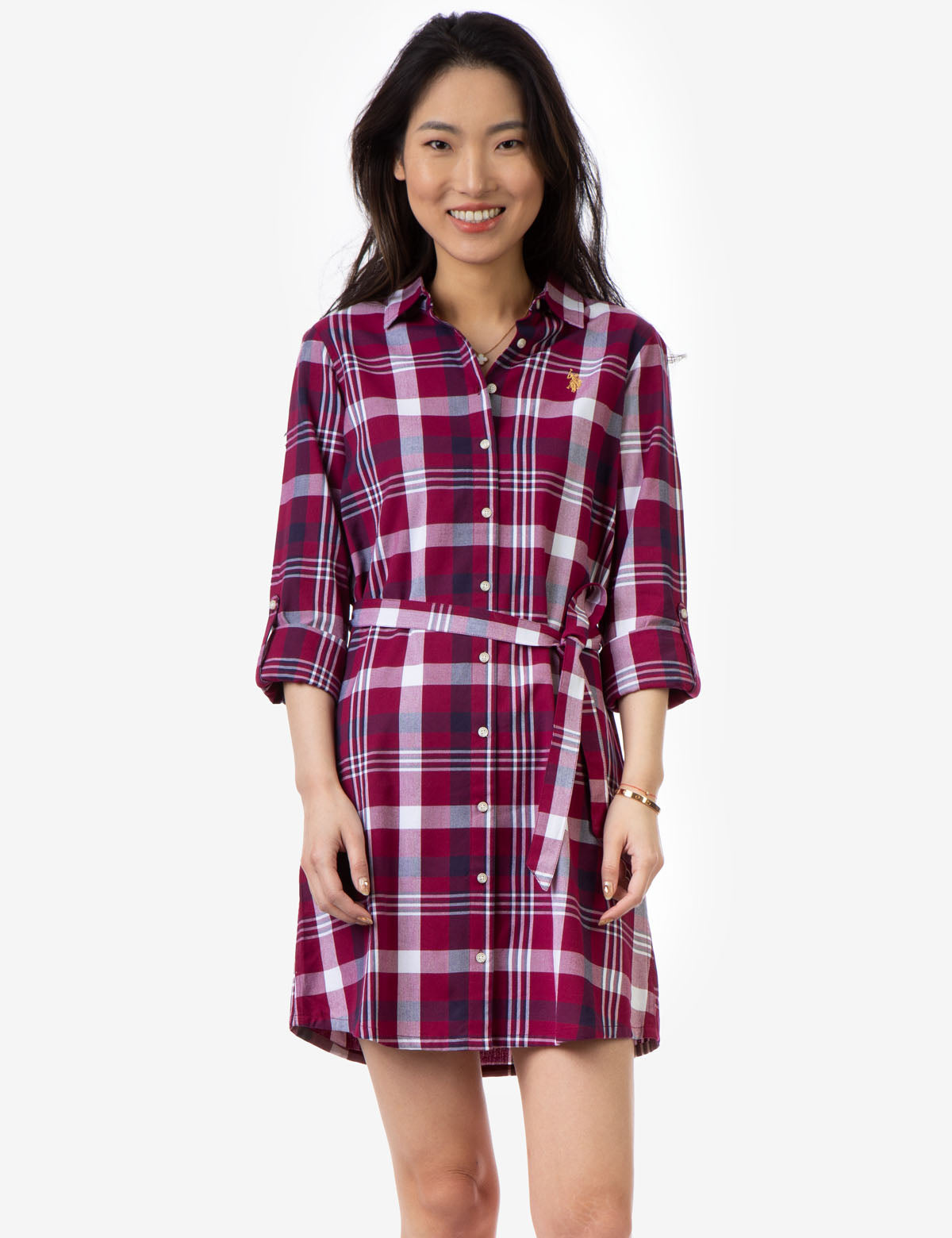 Plaid Tie Front Shirt Dress with Long Sleeves & Button Closures