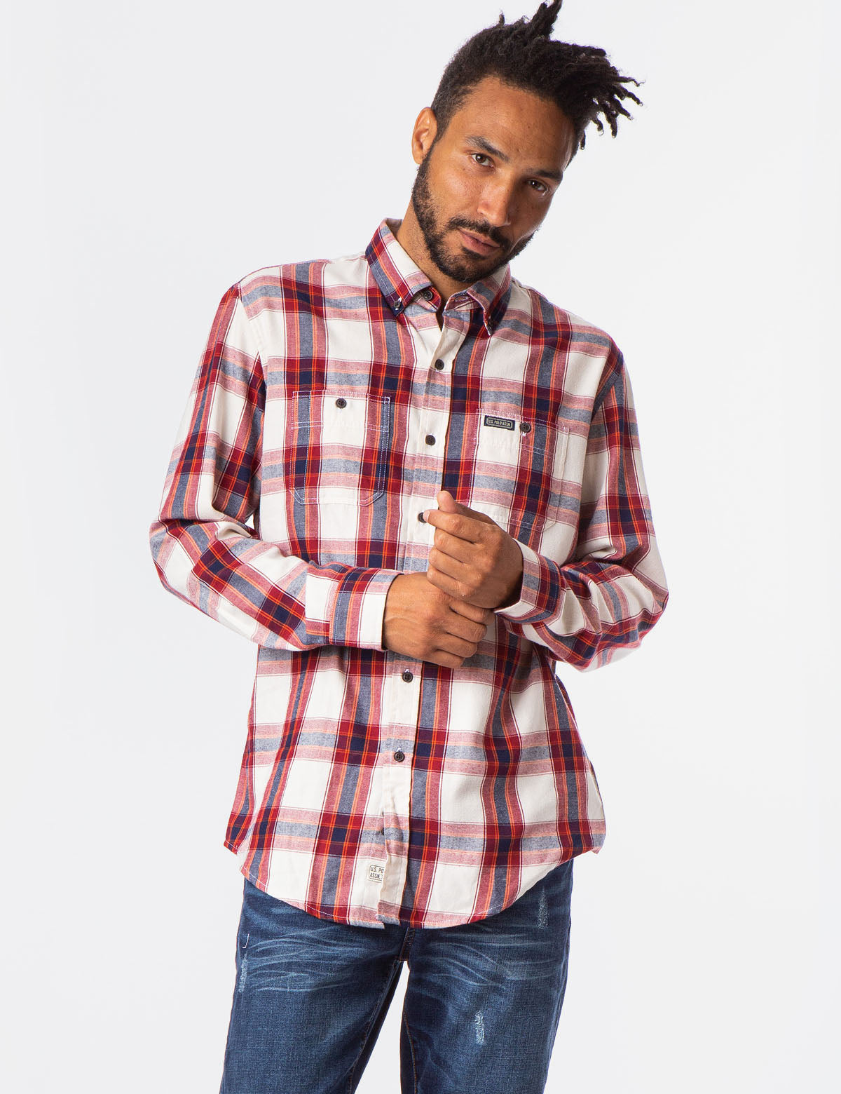 Plaid Twill Button-Up Shirt with Two Pockets | USPA