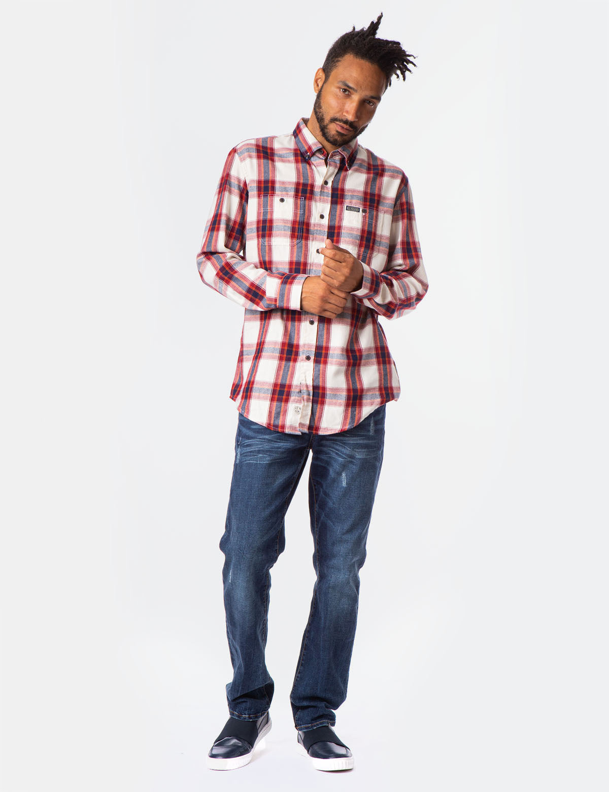 Plaid Twill Button-Up Shirt with Two Pockets | USPA