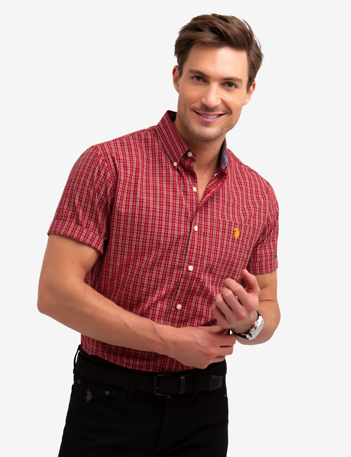 Men's Slim Fit Poplin Shirt with Plaid Pattern | Short Sleeve