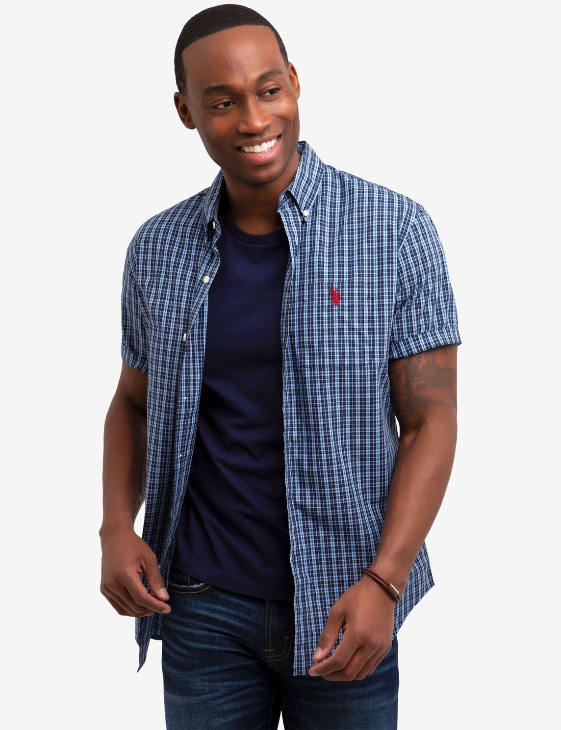 Men's Slim Fit Poplin Shirt with Plaid Pattern | Short Sleeve