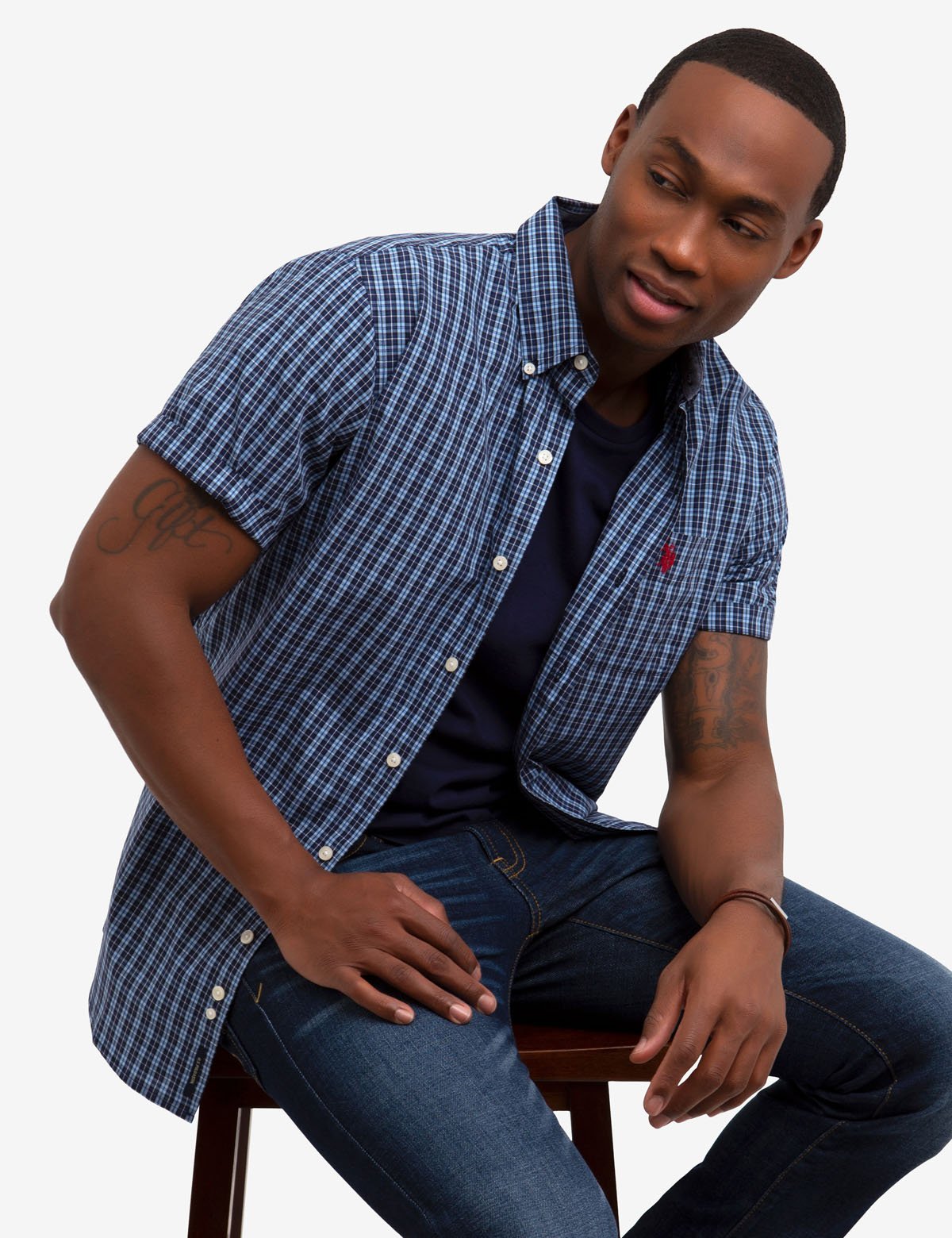Men's Slim Fit Poplin Shirt with Plaid Pattern | Short Sleeve