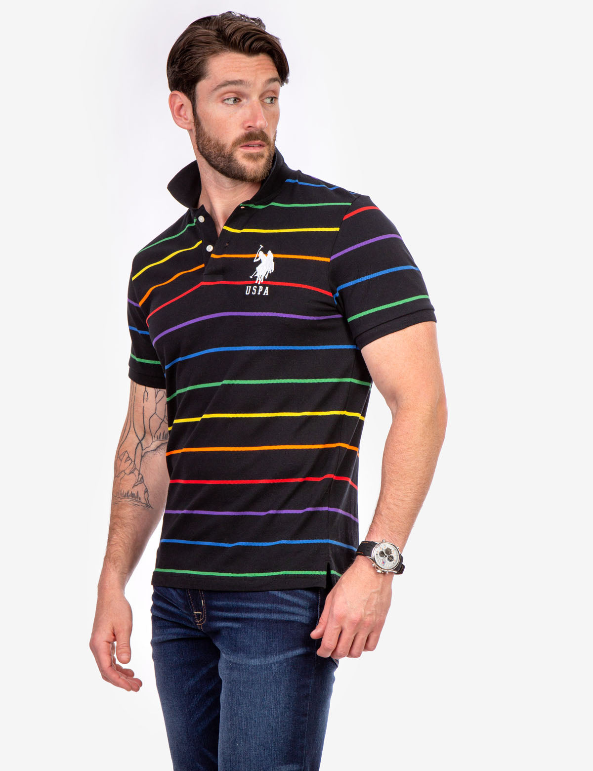 Men's Striped Polo Shirt with Embroidered Logo | Pride Yarn Dye Pique