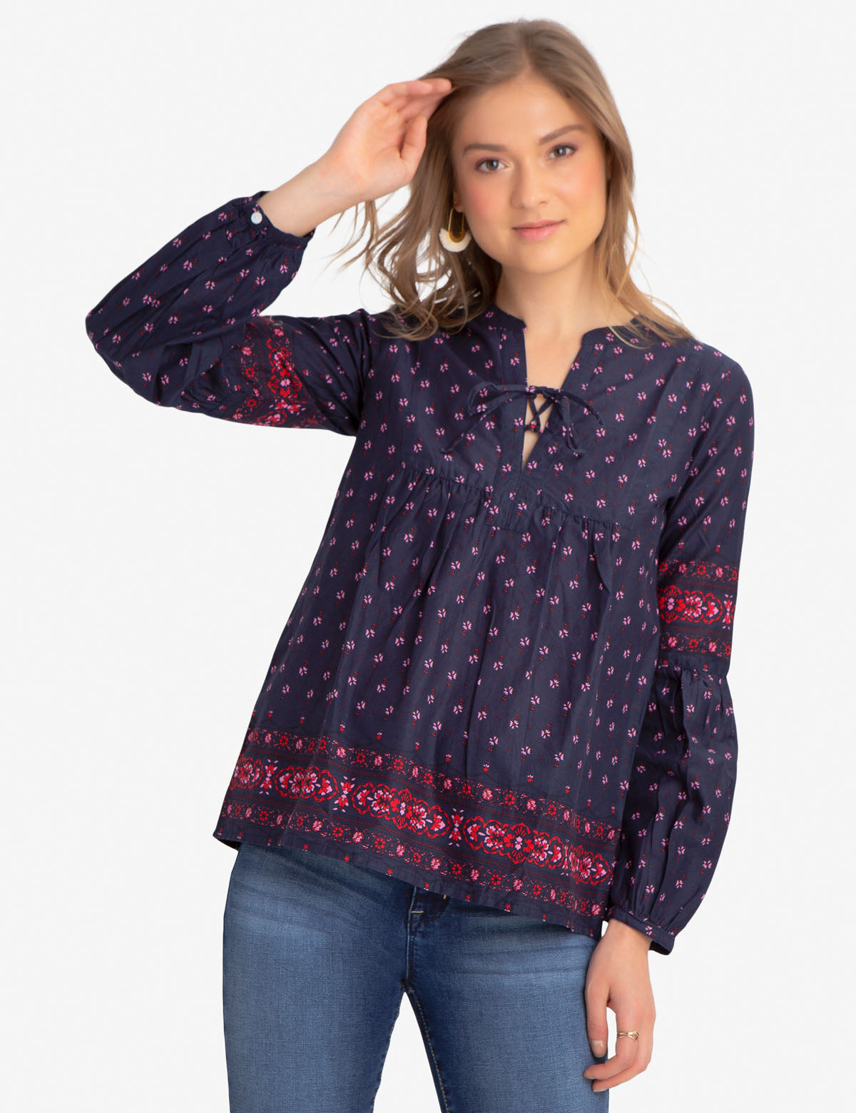 Floral Print Lace-Up Shirt with Long Sleeves | 100% Cotton