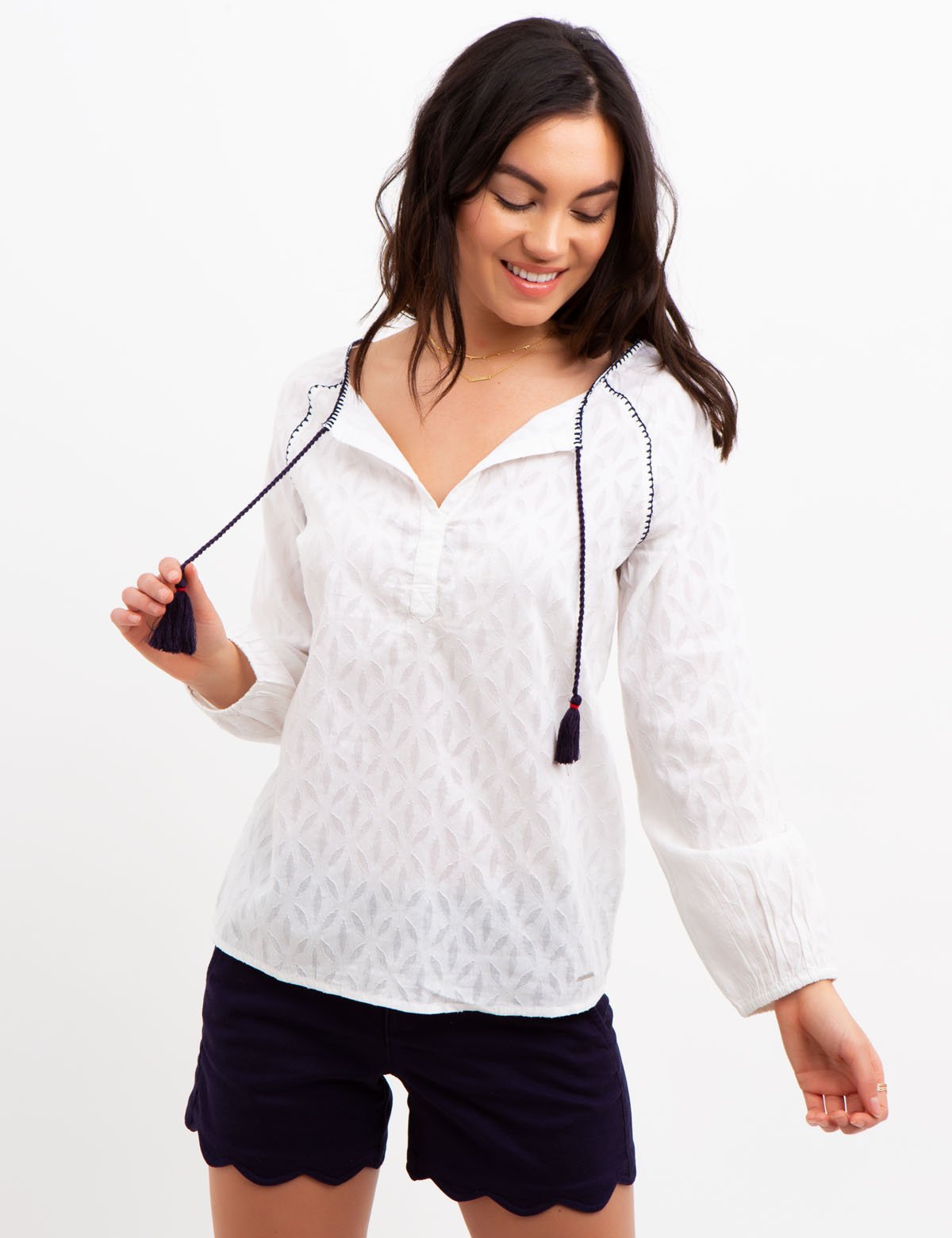 Printed Peasant Top with Geometric Design & Tassel Strings | 100% Cotton