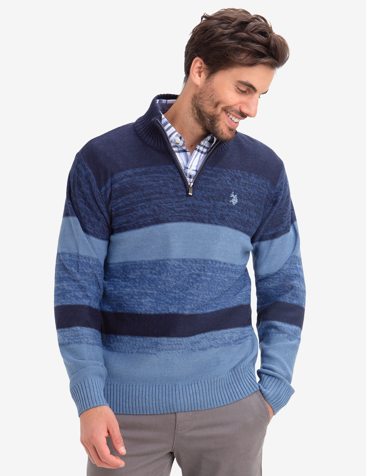 Marled Quarter Zip Sweater with V-Neck & Logo Detail