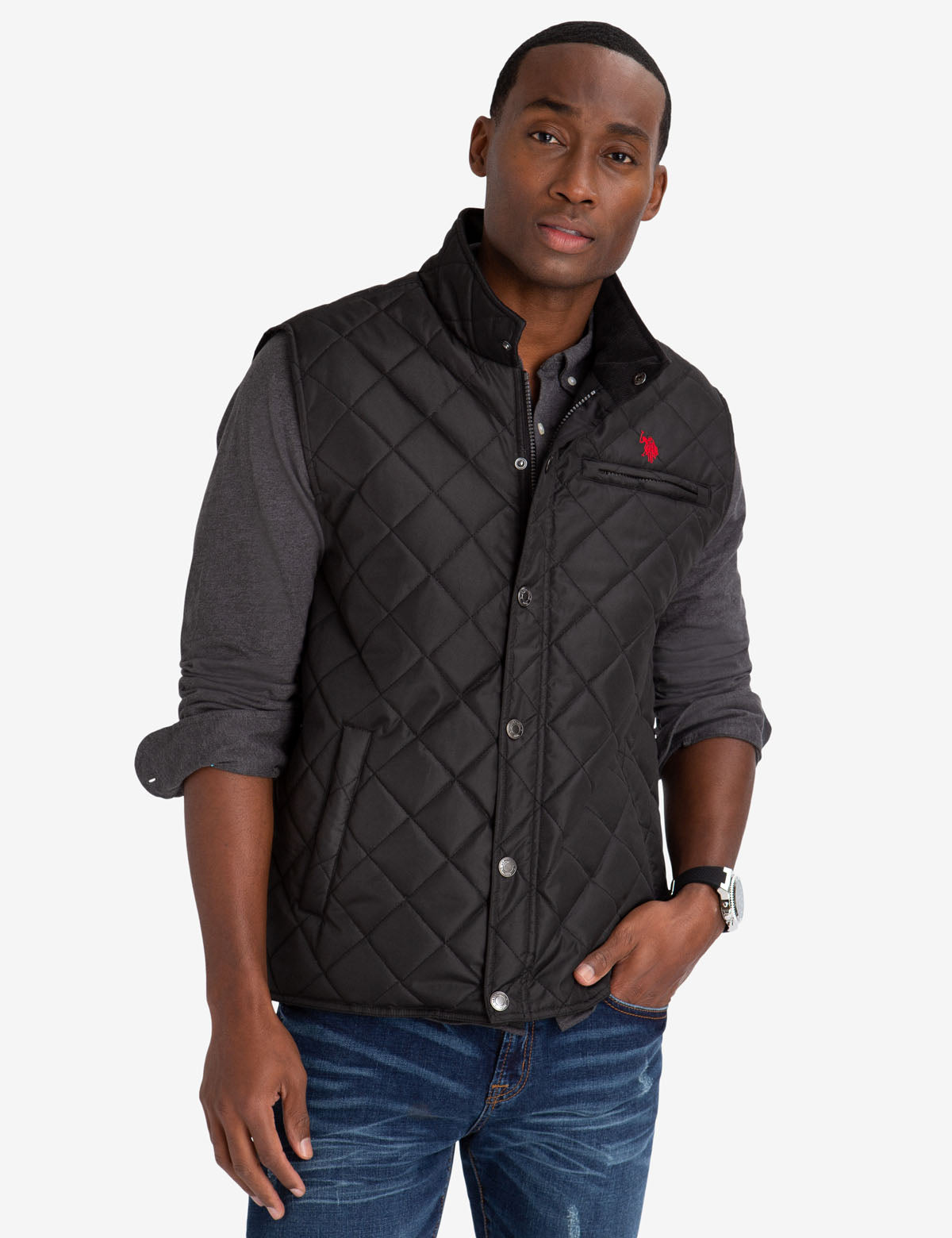 Quilted Vest with Corduroy Collar & Diamond Design | Polyester