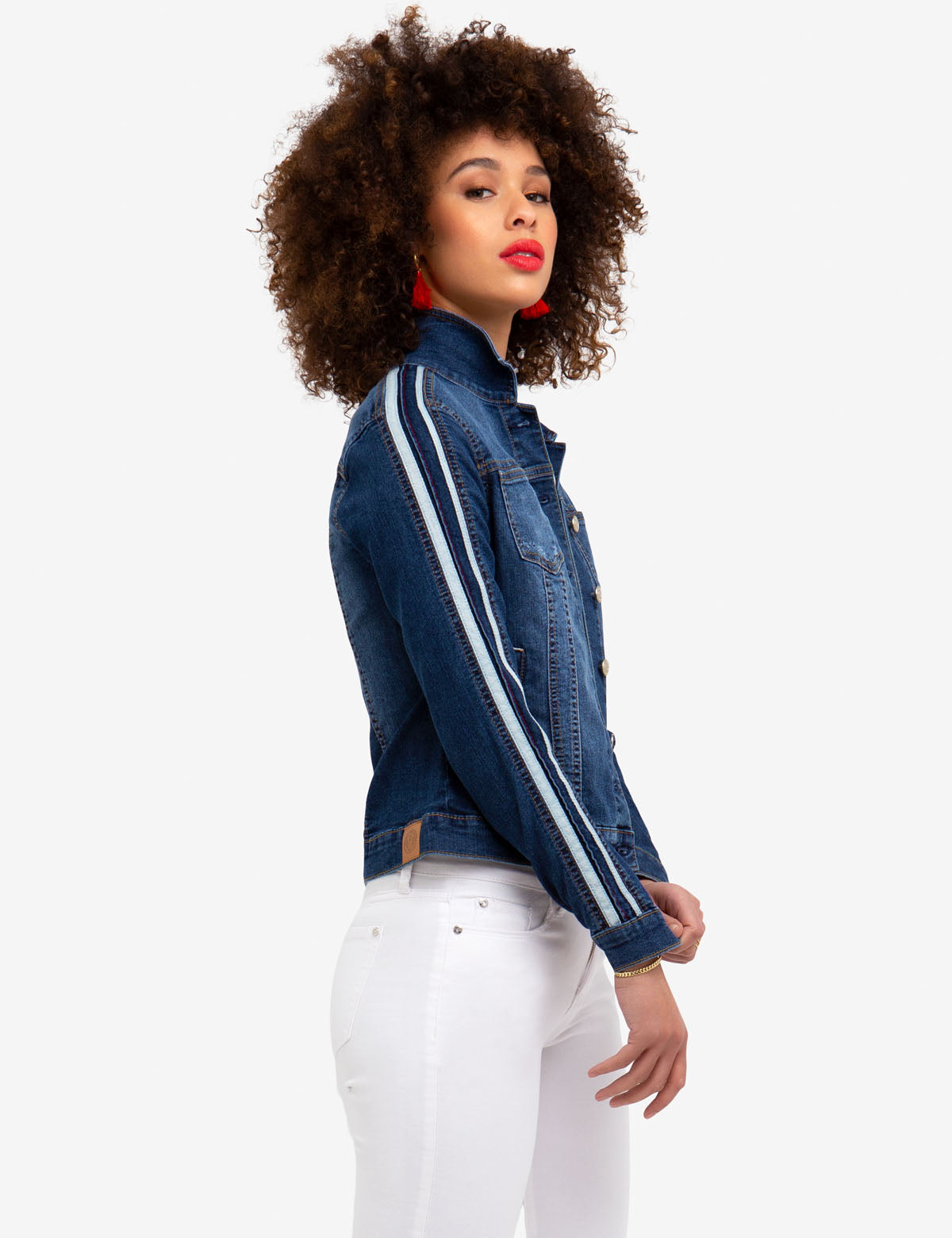 Racing Stripes Denim Jacket for Men | Dark Wash with Button Closure