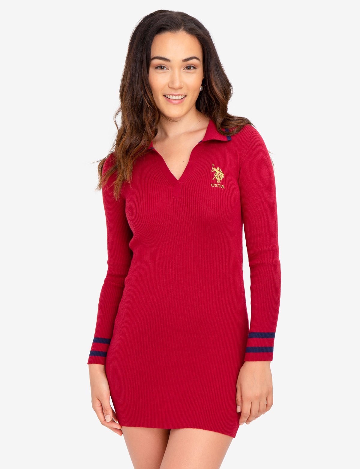Red V-Neck Sweater Dress with Gold Embroidered Logo | Casual & Chic