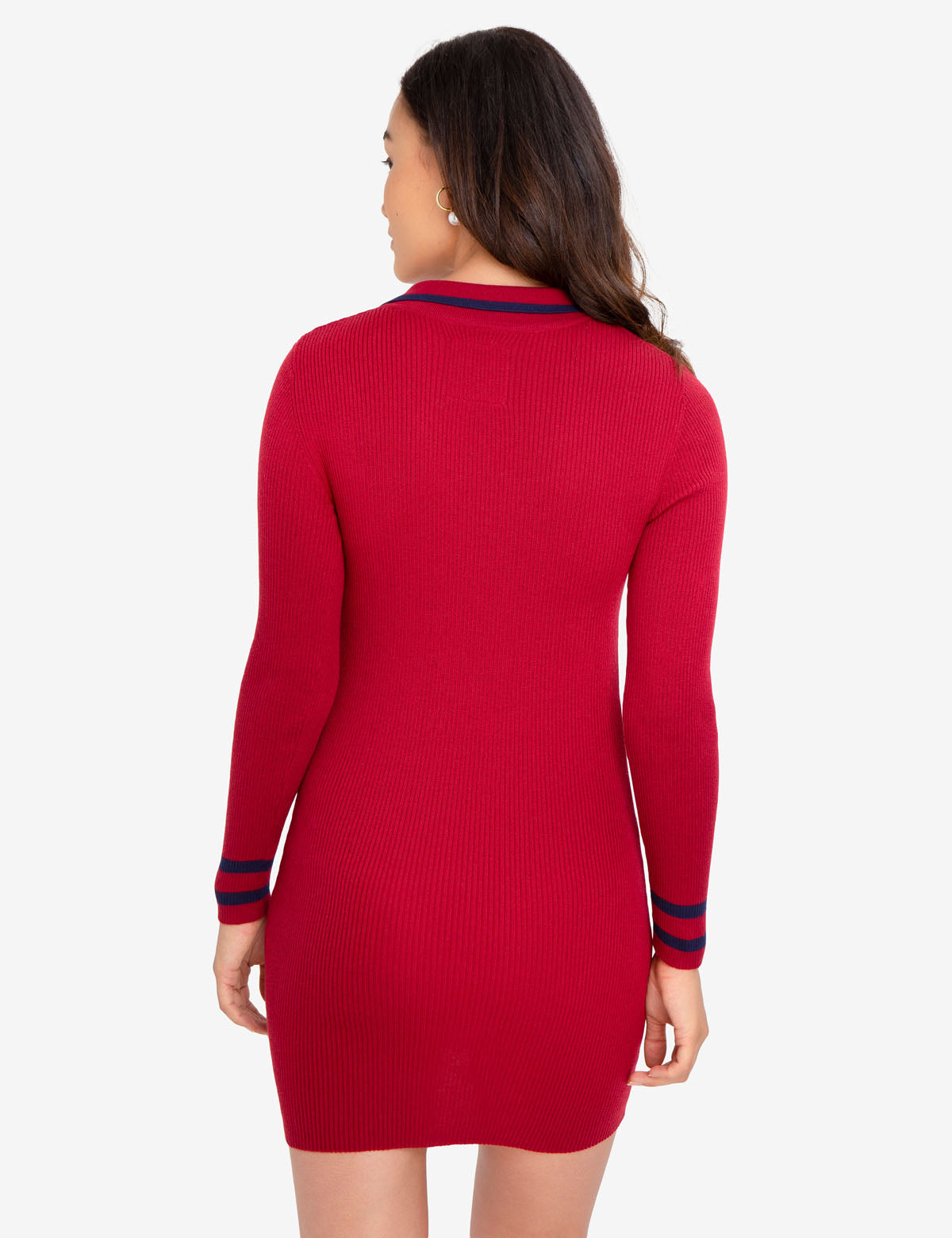 Red V-Neck Sweater Dress with Gold Embroidered Logo | Casual & Chic