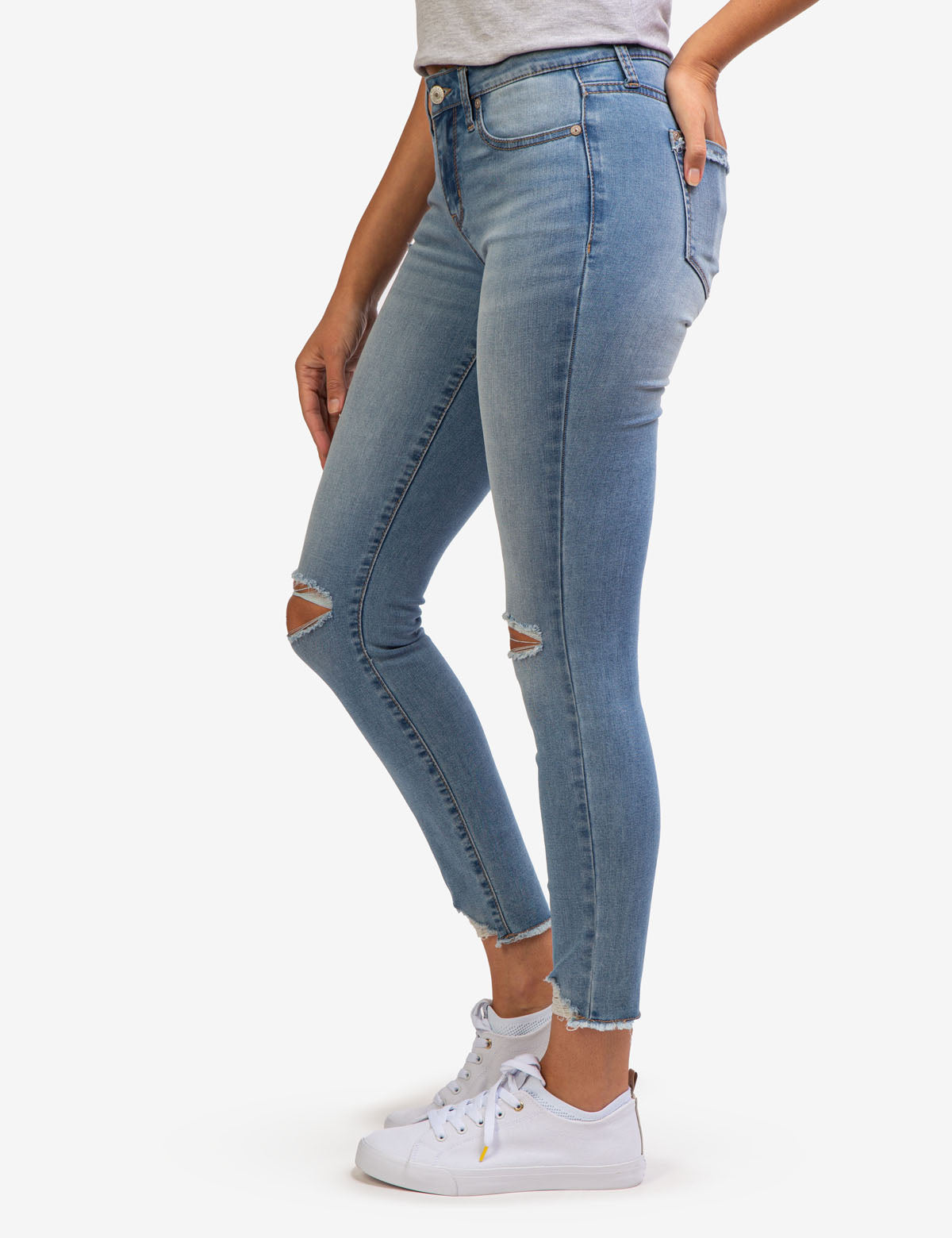 Destructed Mid Rise Jeans with Stretch | REPREVE® Recycled Denim