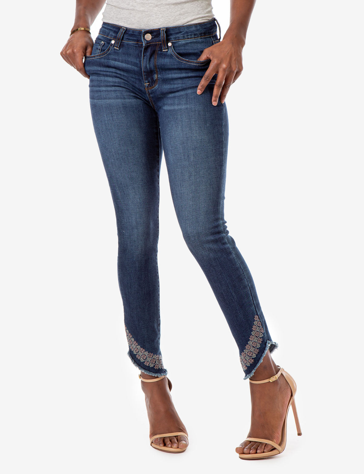 Stretch Skinny Jeans with REPREVE® Recycled Fabric | Mid Rise & Embroidered Hem