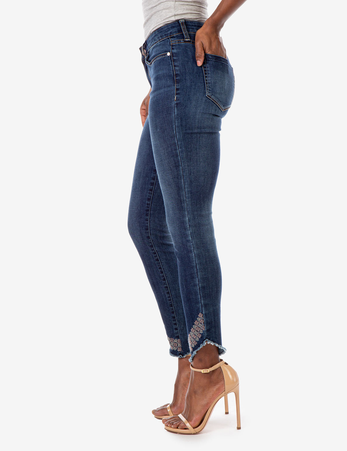Stretch Skinny Jeans with REPREVE® Recycled Fabric | Mid Rise & Embroidered Hem